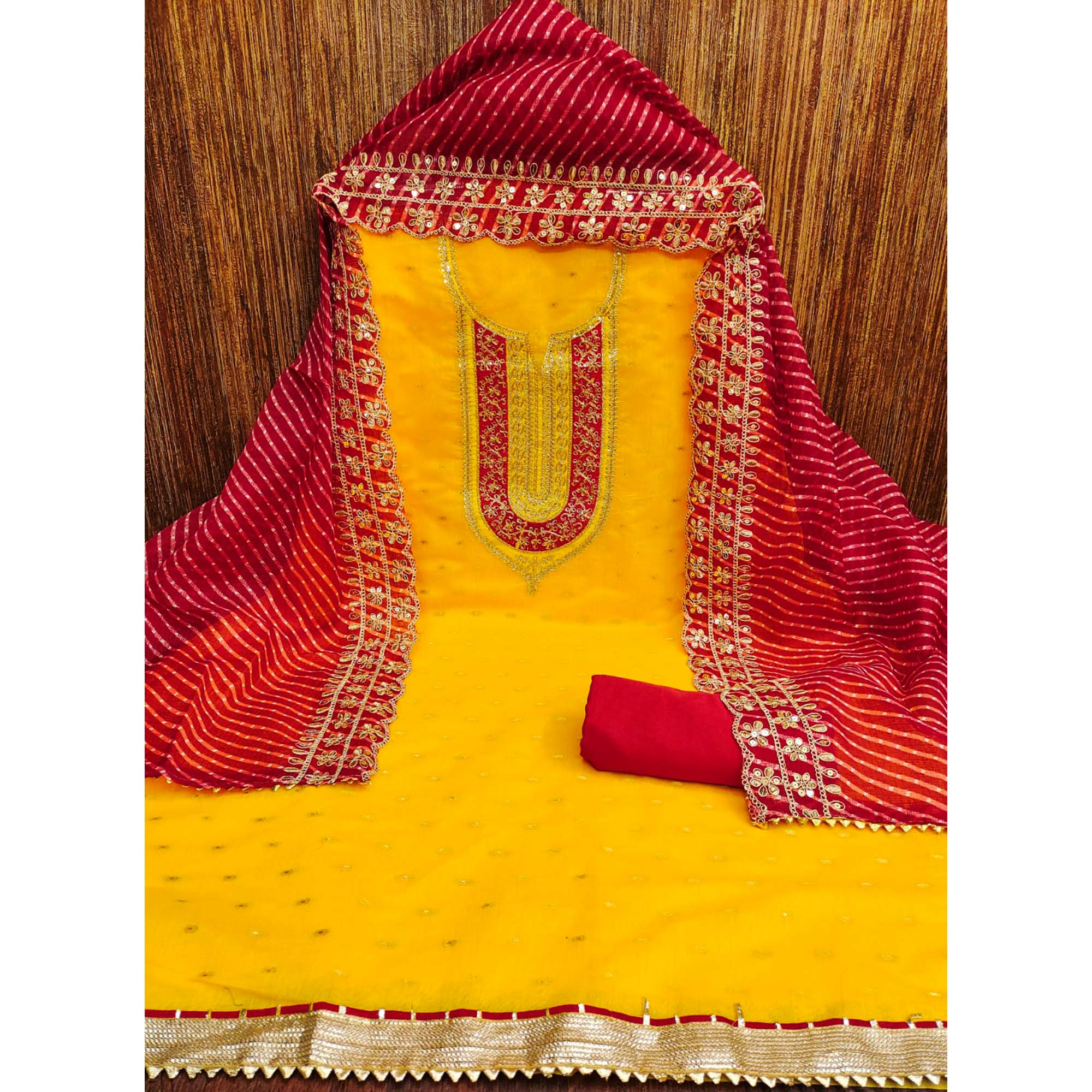 Yellow Woven With Sequins Embroidery Chanderi Dress Material