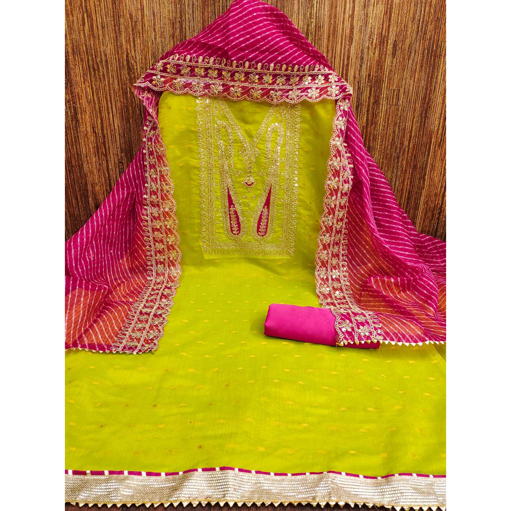 Green Woven With Sequins Embroidery Chanderi Dress Material