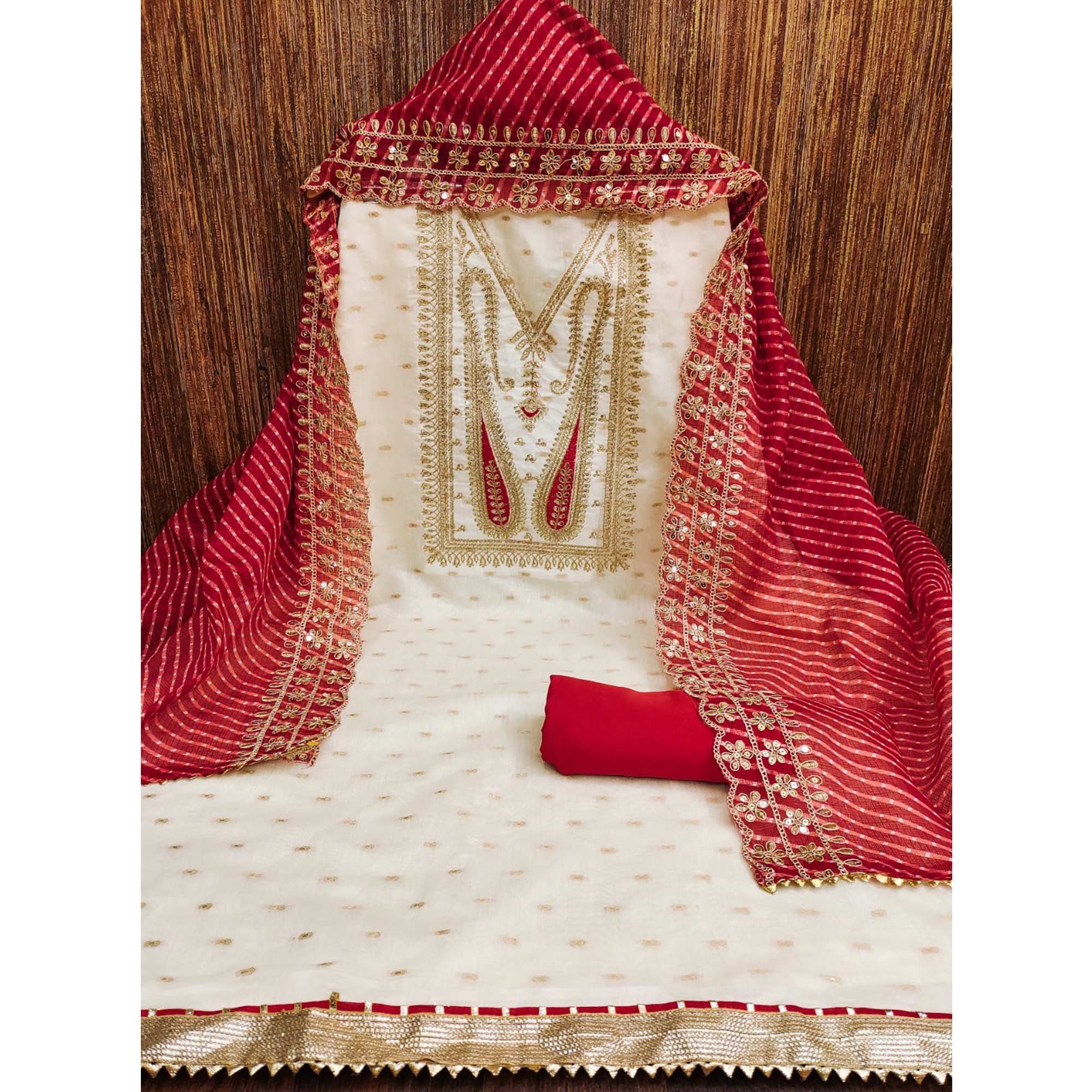 White Woven With Sequins Embroidery Chanderi Dress Material