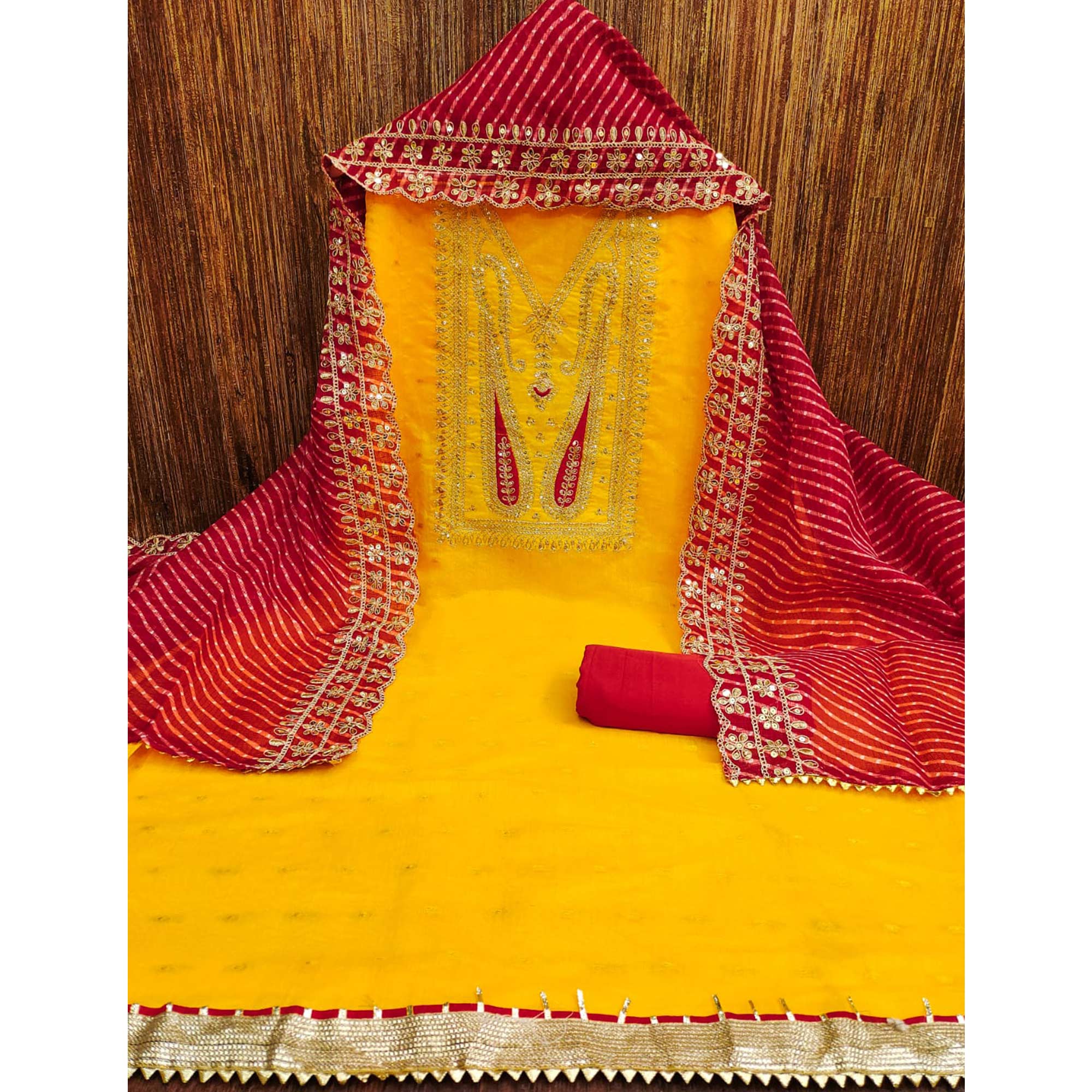 Yellow Woven With Sequins Embroidery Chanderi Dress Material