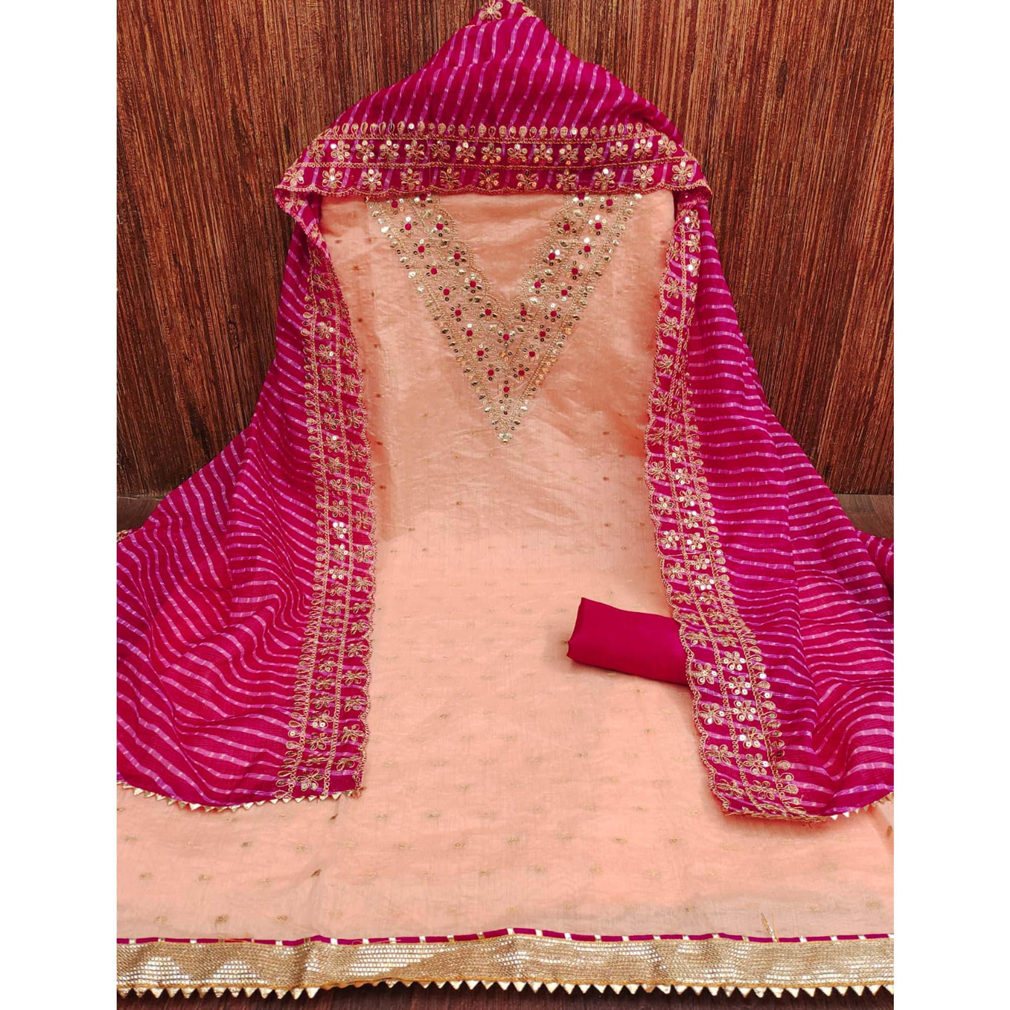 Peach Woven With Sequins Embroidery Chanderi Dress Material