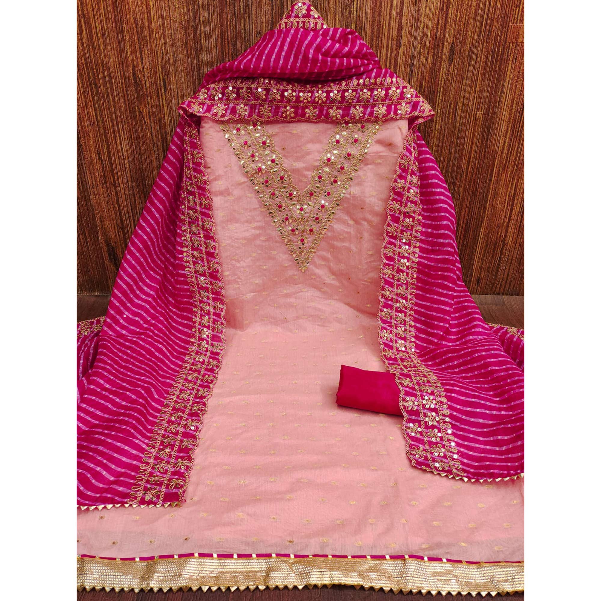 Pink Woven With Sequins Embroidery Chanderi Dress Material