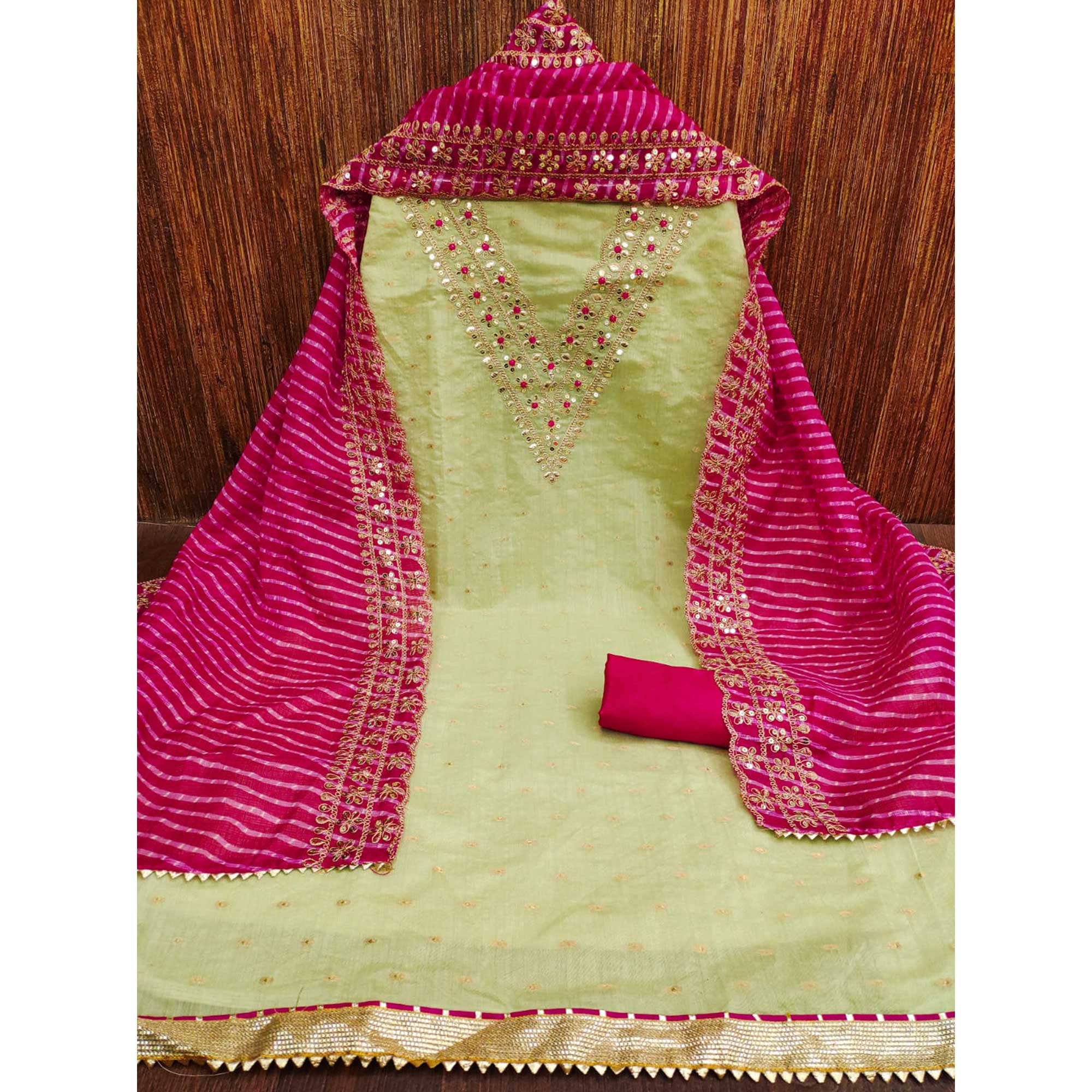 Pista Green Woven With Sequins Embroidery Chanderi Dress Material