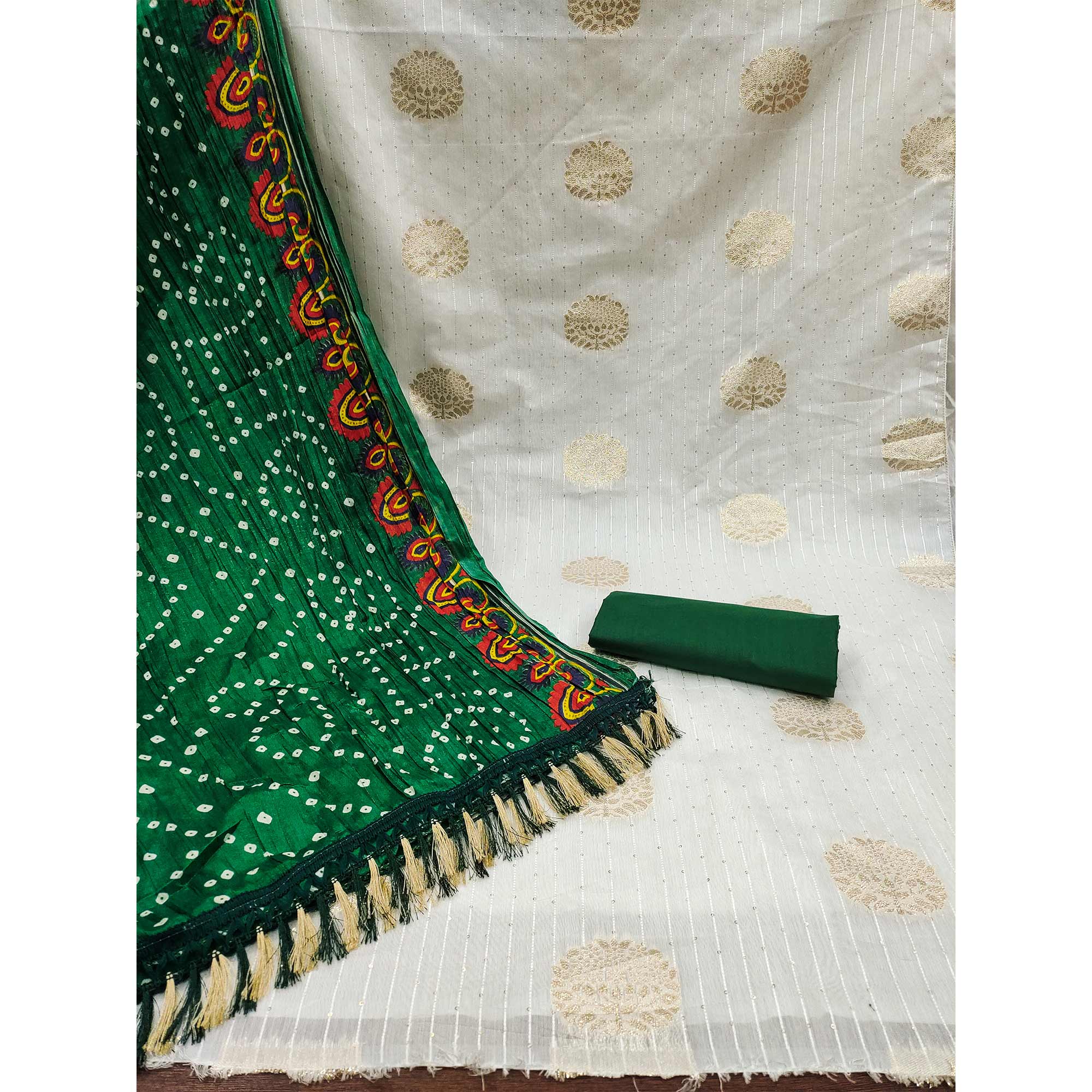 White & Green Sequins Embroidered With Woven Jacquard Dress Material