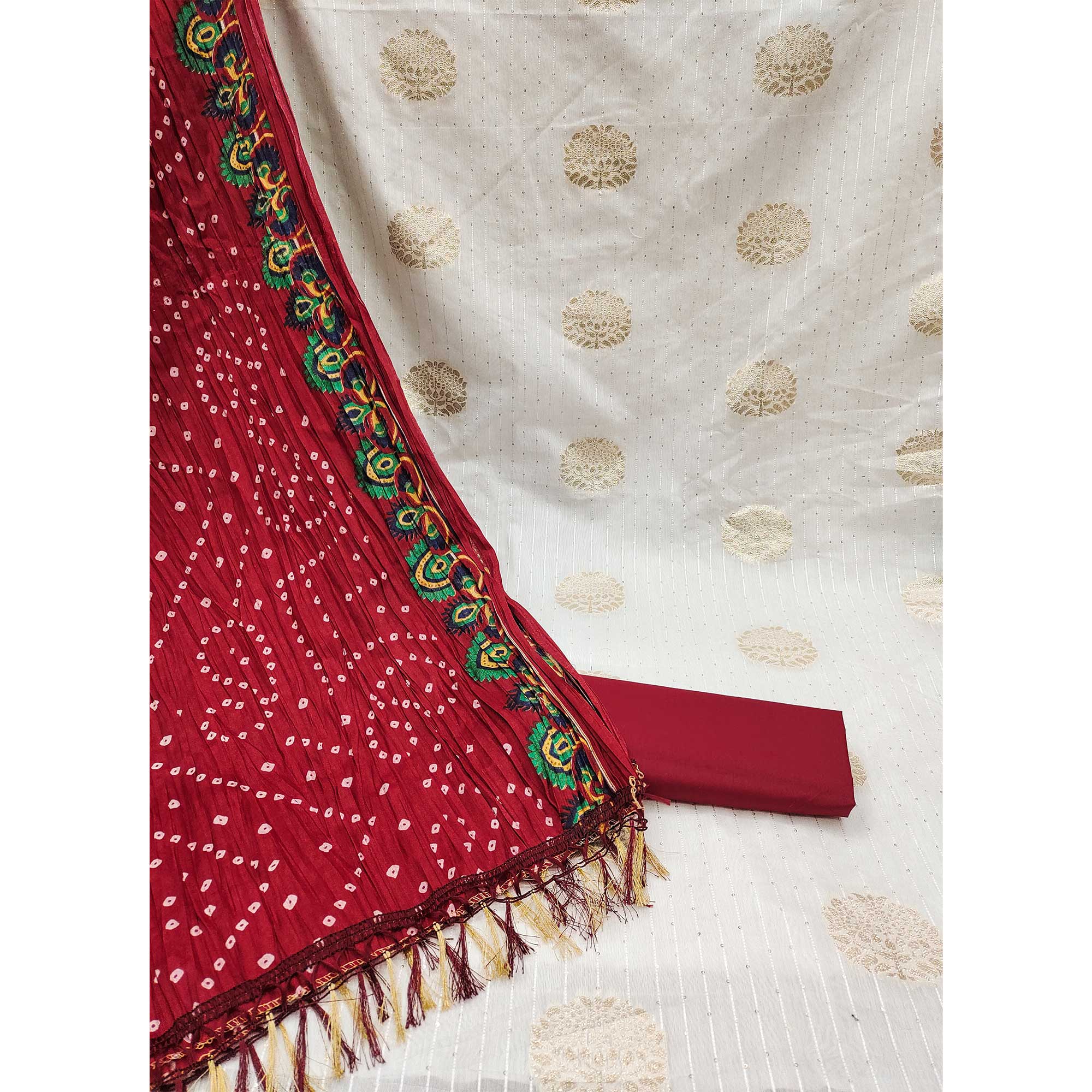 White & Maroon Sequins Embroidered With Woven Jacquard Dress Material