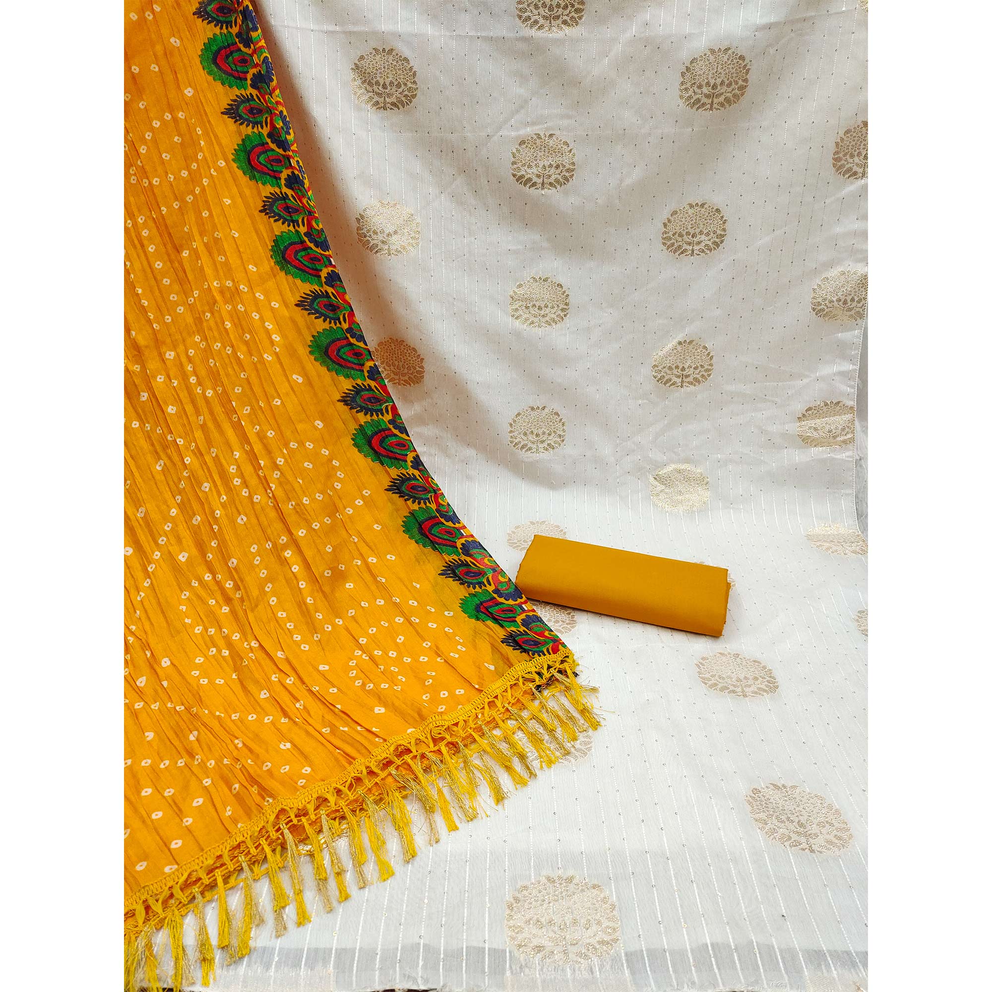 White & Mustard Sequins Embroidered With Woven Jacquard Dress Material