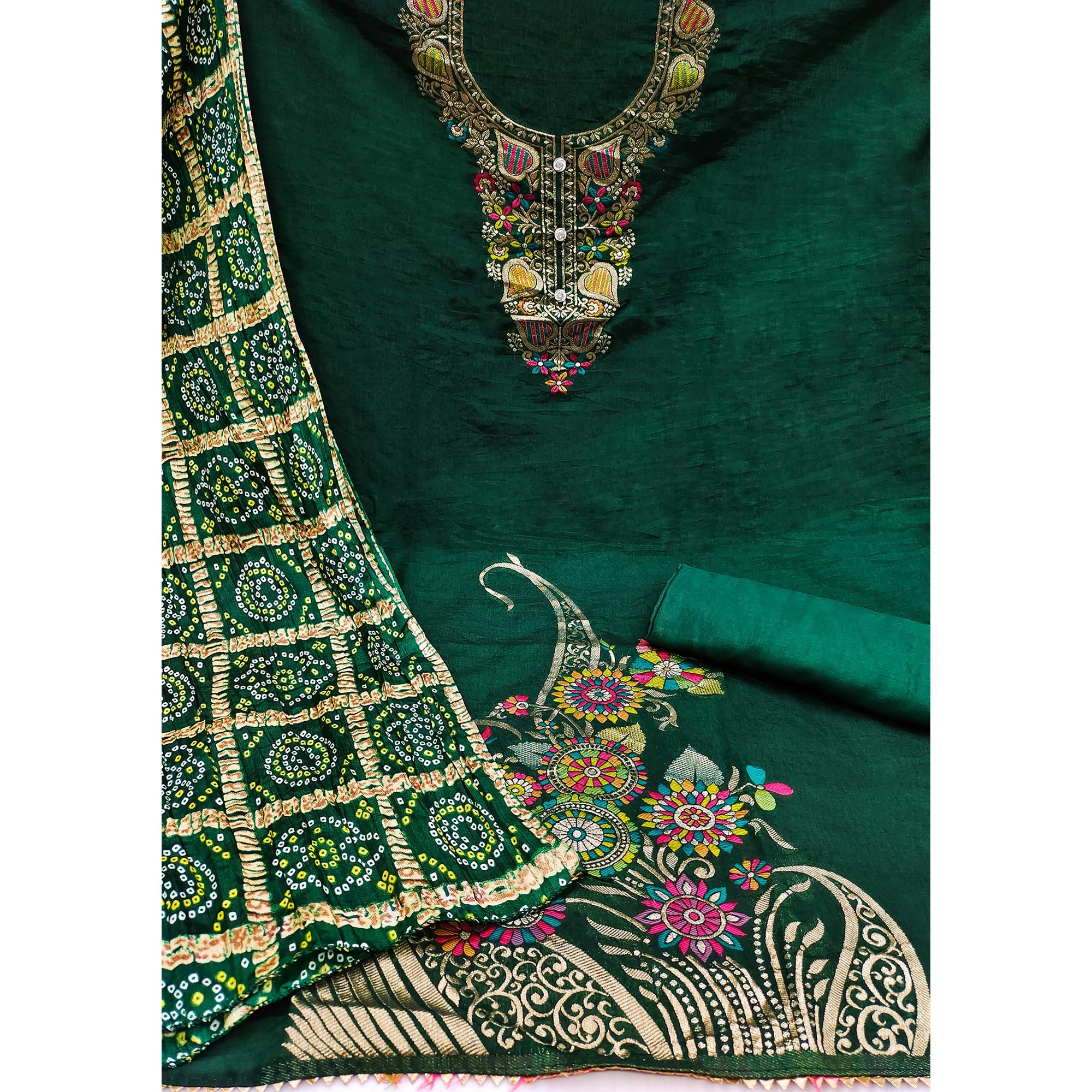 Green Floral Woven Chanderi Jacquard Dress Material