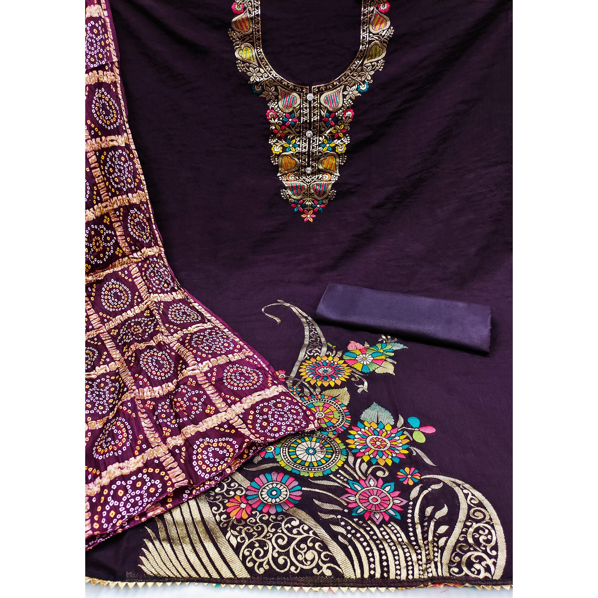 Purple Floral Woven Chanderi Jacquard Dress Material