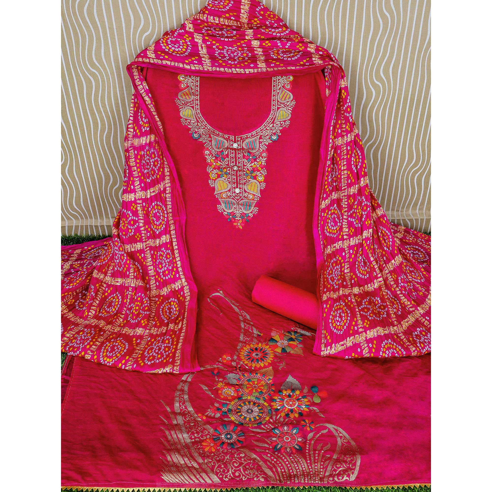 Rani Pink Floral Woven Chanderi Jacquard Dress Material