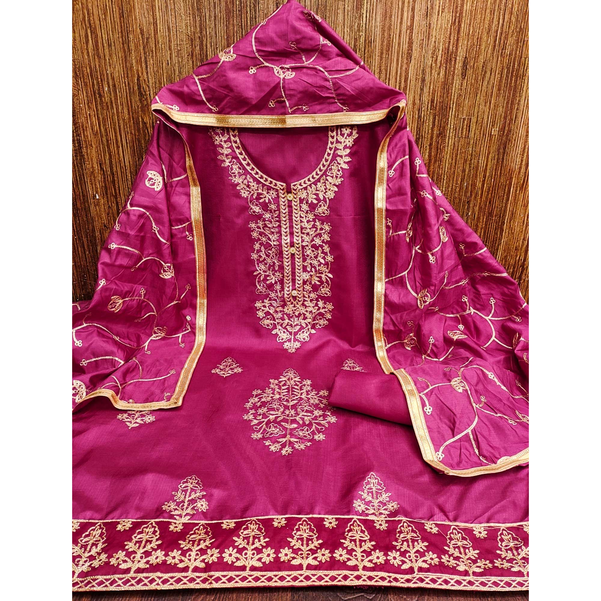 Rani Pink Floral Embroidered Art Silk Dress Material