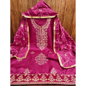 Rani Pink Floral Embroidered Art Silk Dress Material