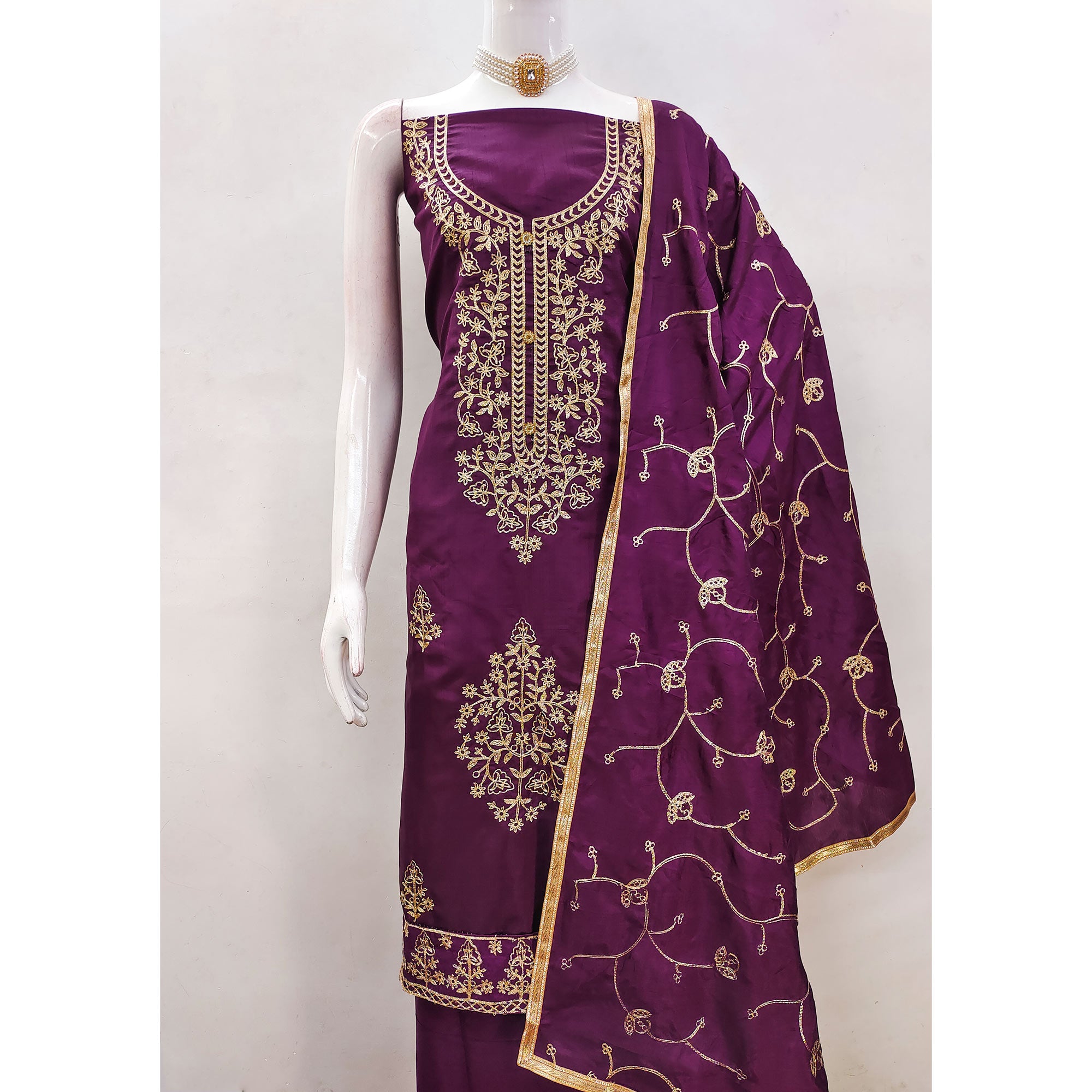 Wine Floral Embroidered Art Silk Dress Material