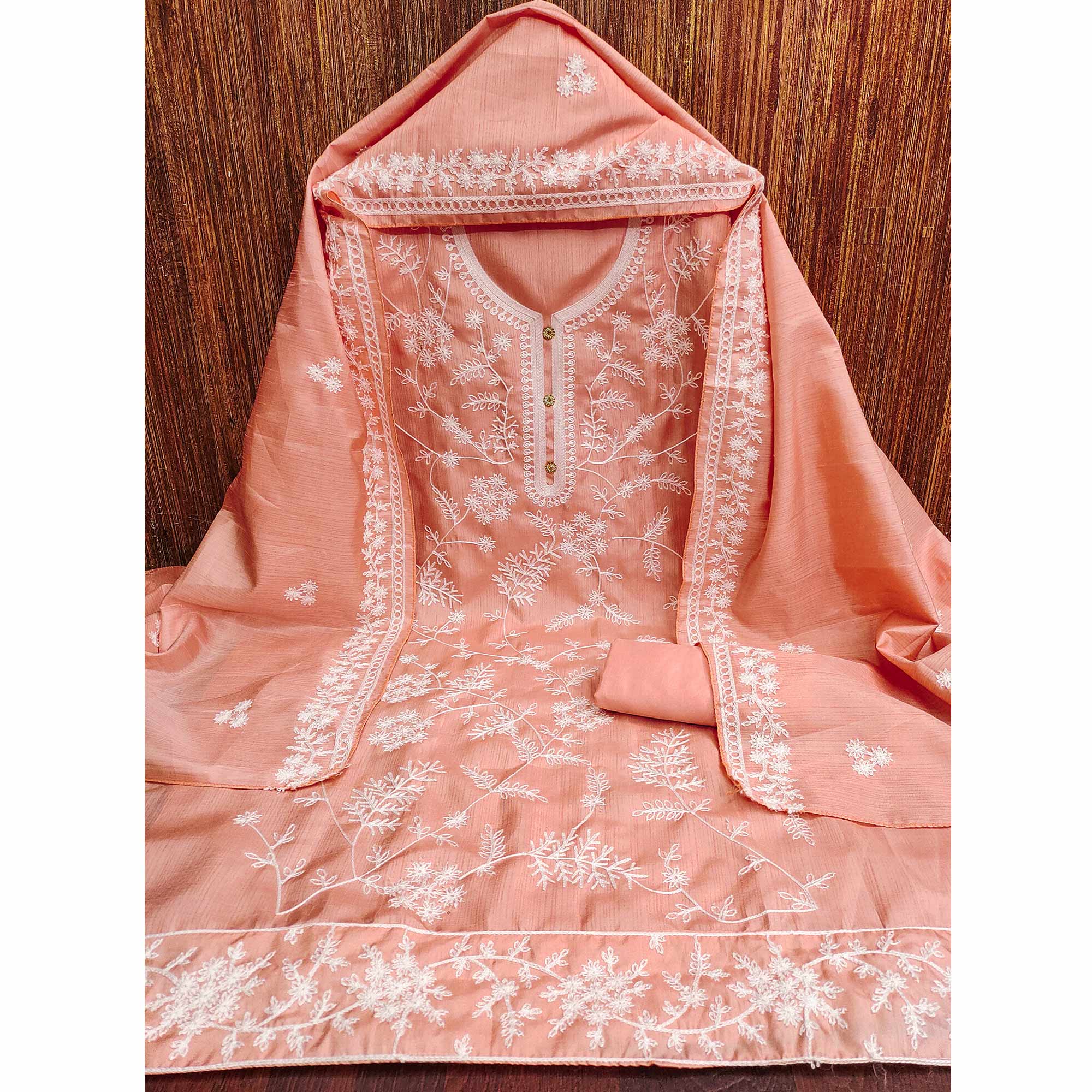 Peach Floral Embroidered Art Silk Dress Material