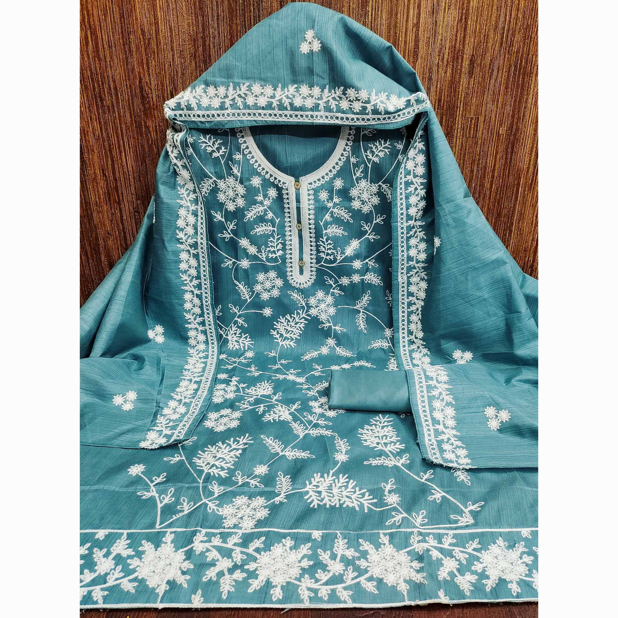 Rama Blue Floral Embroidered Art Silk Dress Material