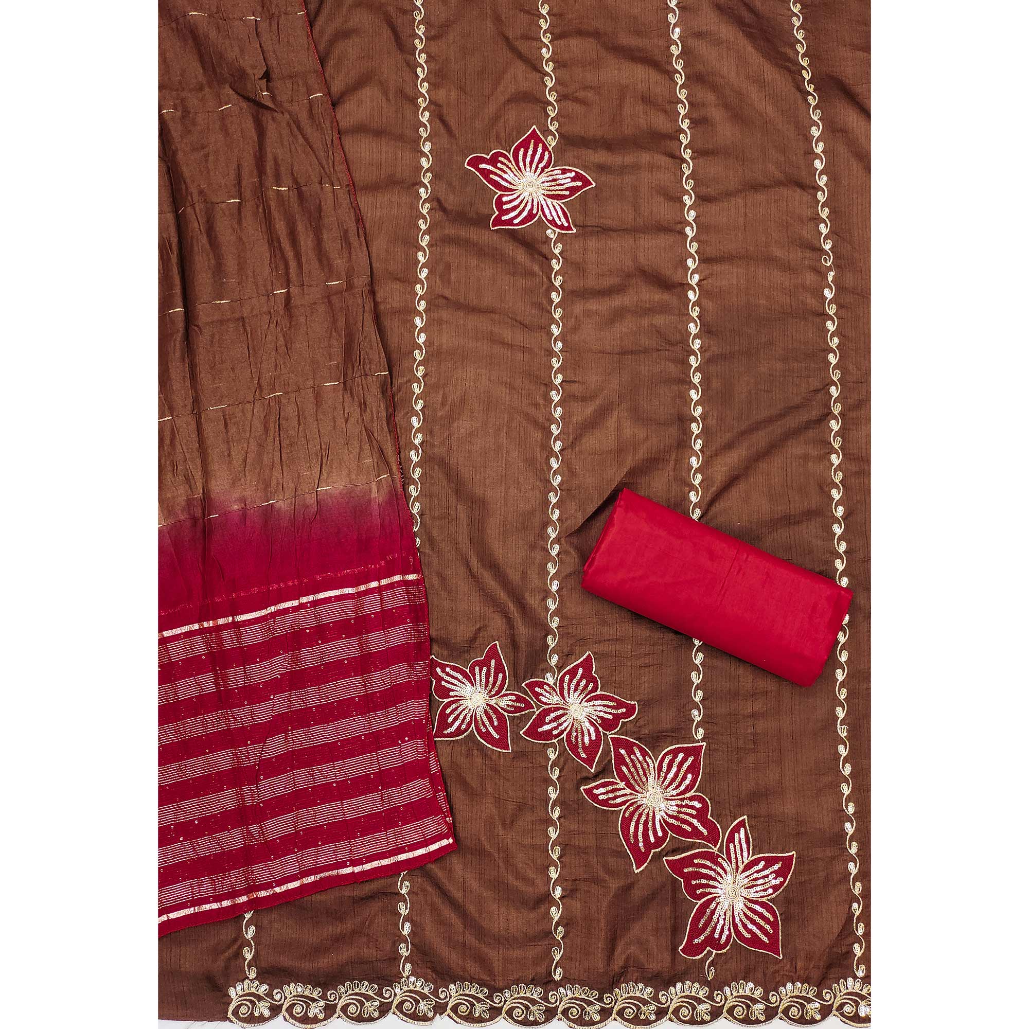 Brown Floral Sequins Embroidered Art Silk Dress Material