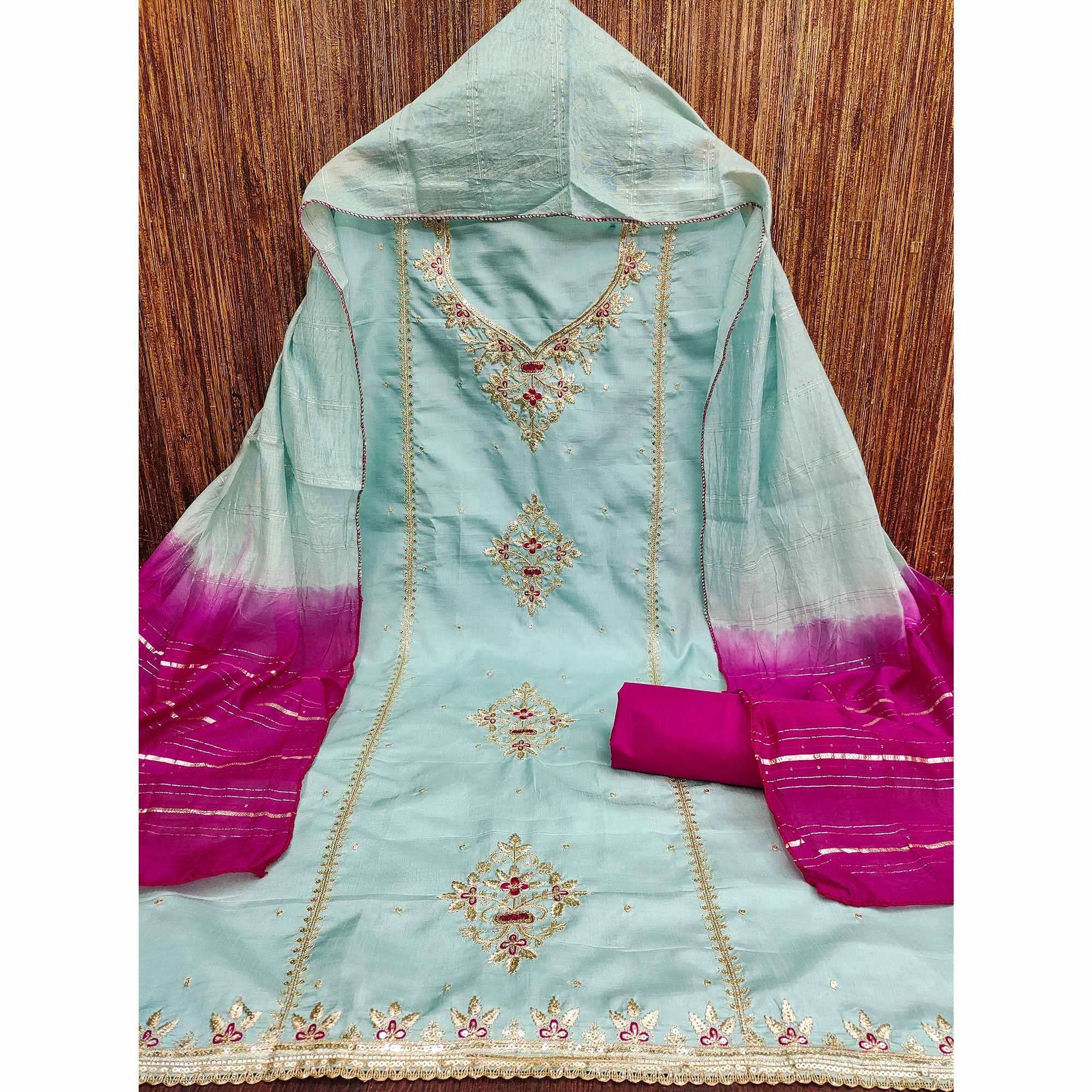 Blue Floral Sequins Embroidered Art Silk Dress Material