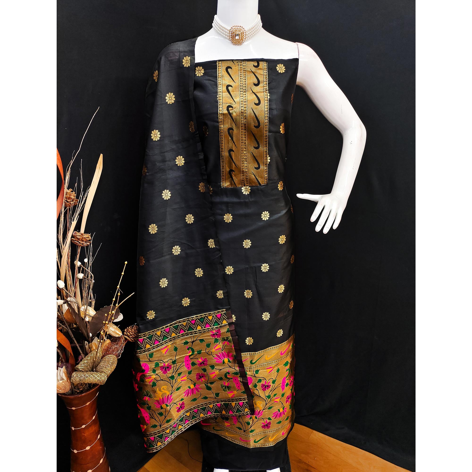 Black Floral Woven Paithani Banarasi Silk Dress Material