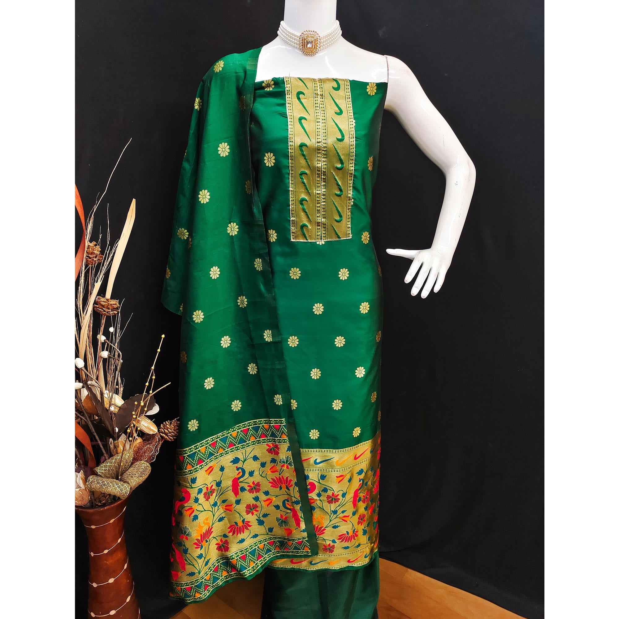 Bottle Green Floral Woven Paithani Banarasi Silk Dress Material