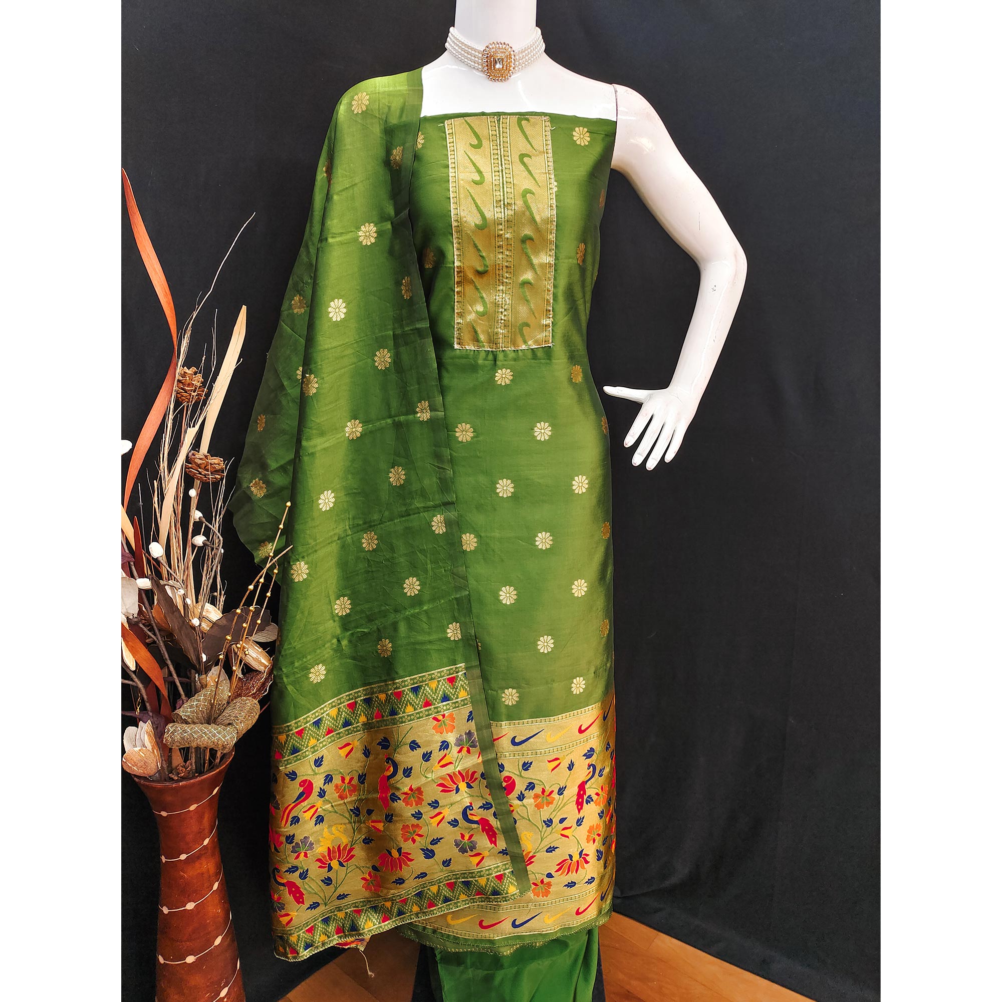 Green Floral Woven Paithani Banarasi Silk Dress Material