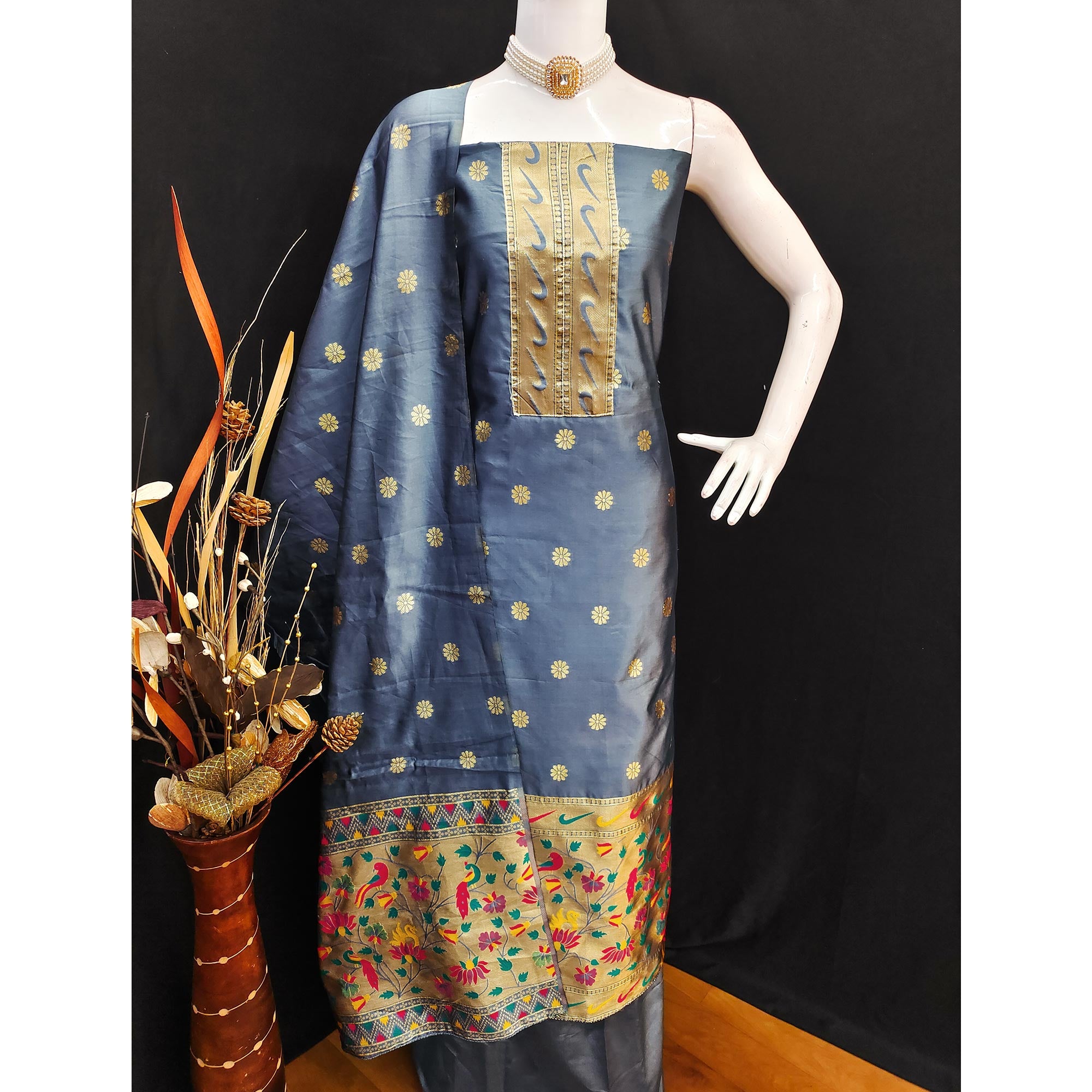 Grey Floral Woven Paithani Banarasi Silk Dress Material