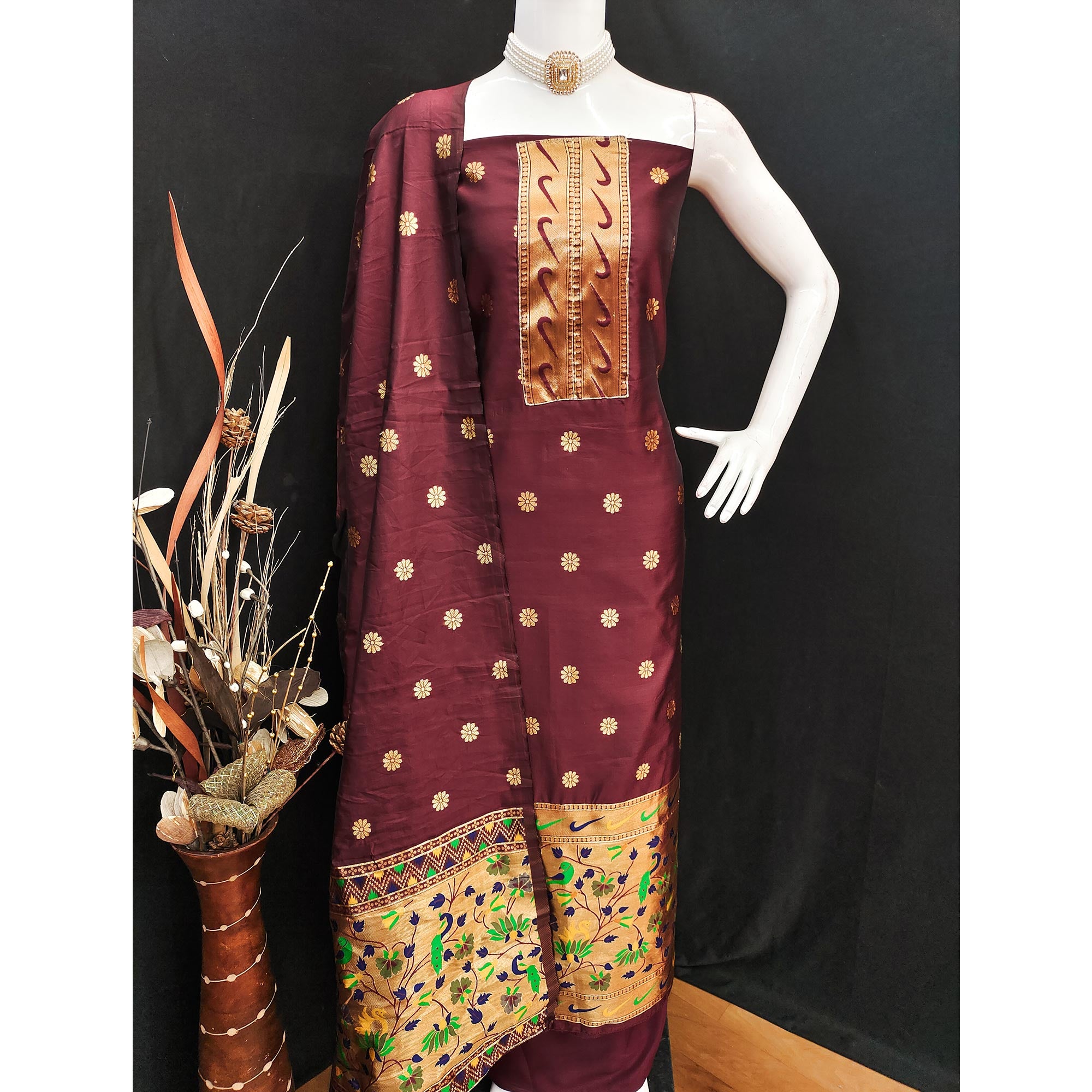 Maroon Floral Woven Paithani Banarasi Silk Dress Material