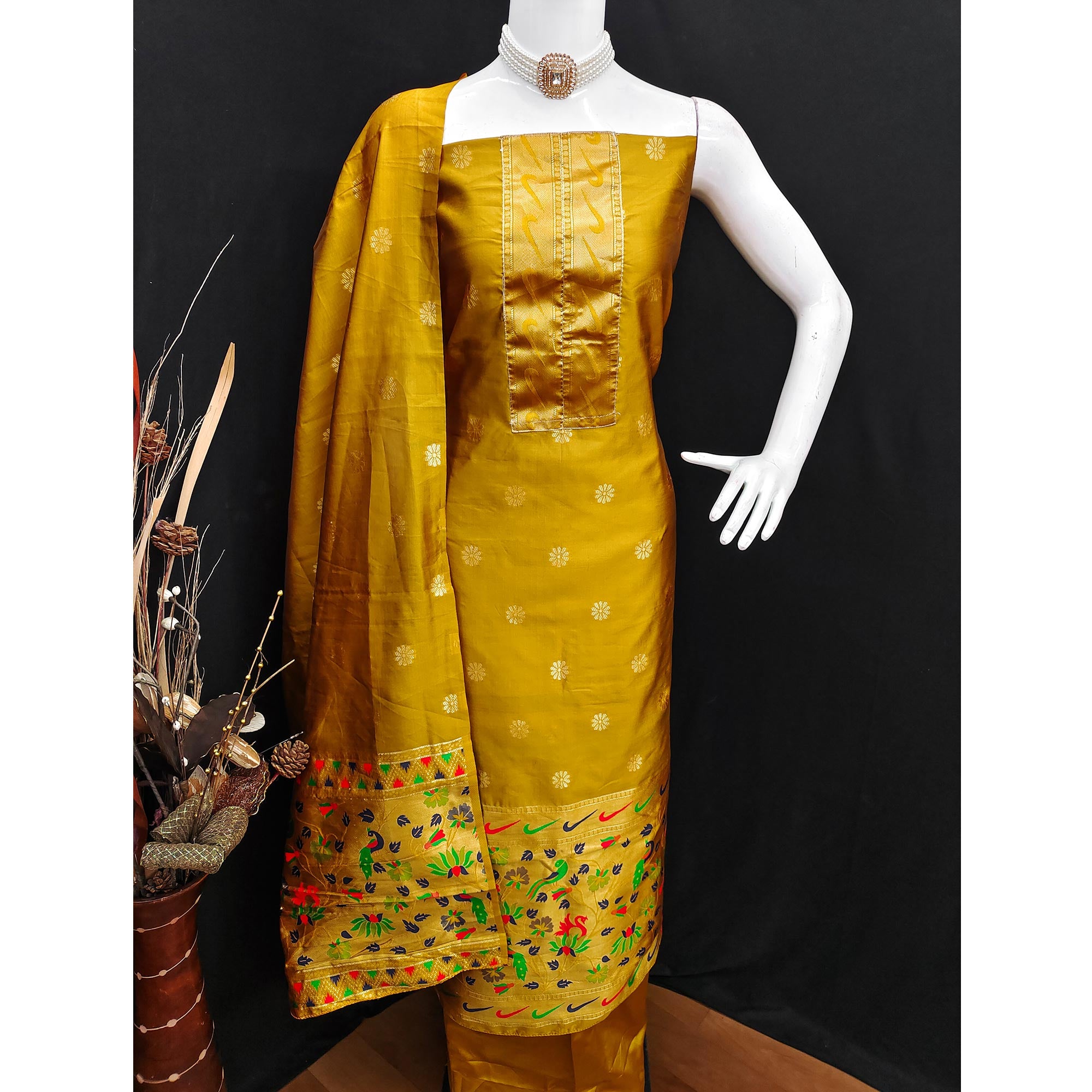 Mustard Floral Woven Paithani Banarasi Silk Dress Material