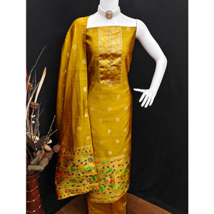 Mustard Floral Woven Paithani Banarasi Silk Dress Material