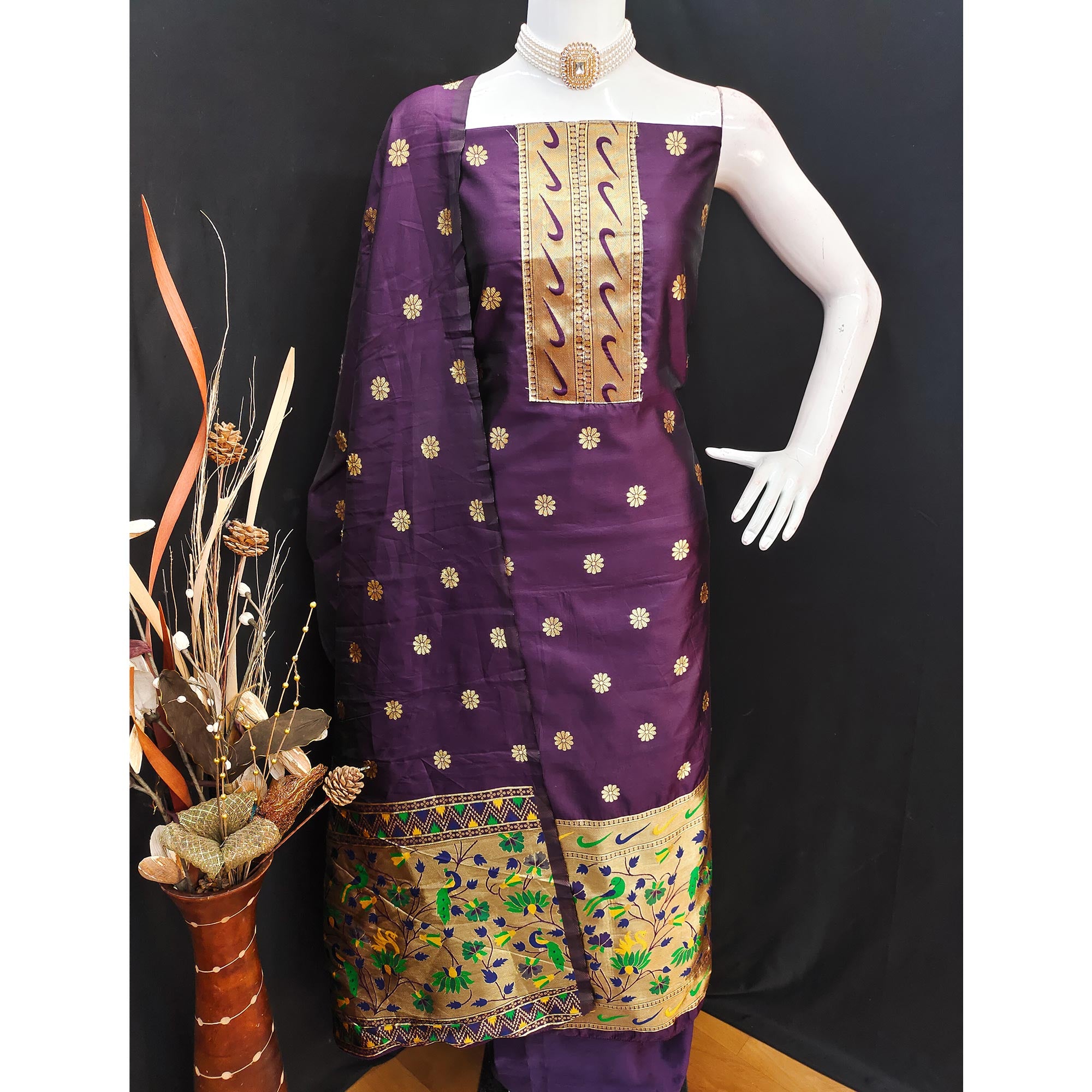 Purple Floral Woven Paithani Banarasi Silk Dress Material