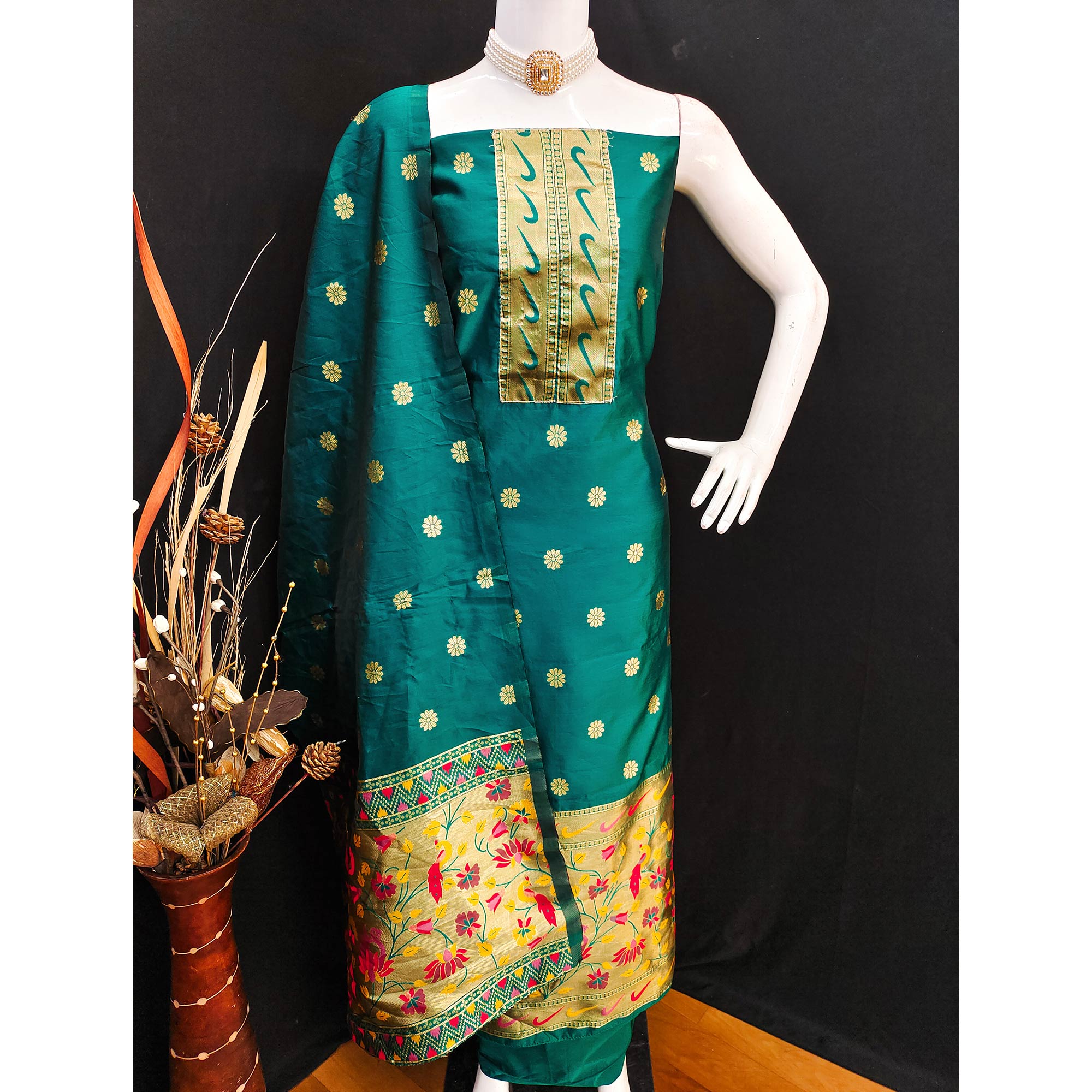Rama Green Floral Woven Paithani Banarasi Silk Dress Material