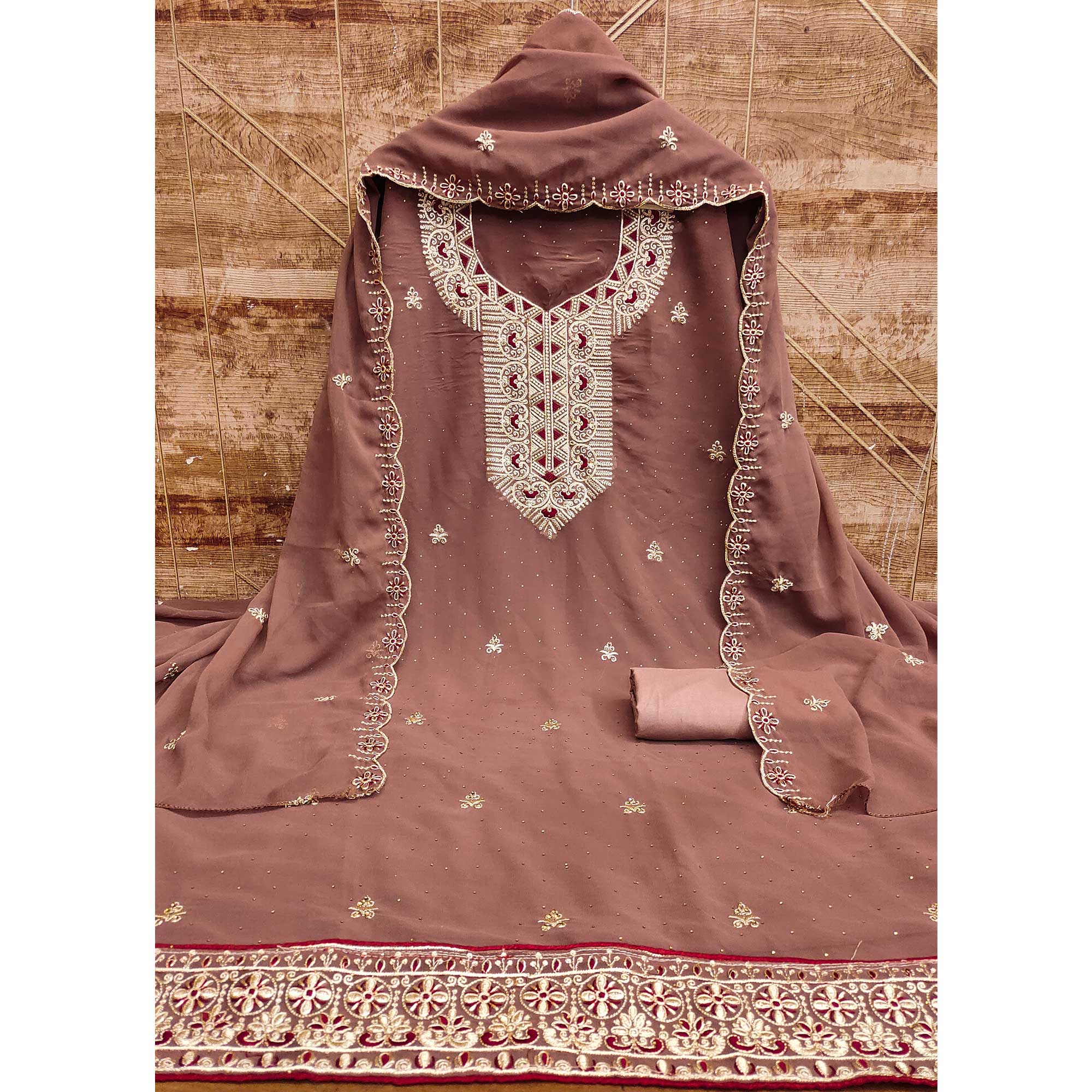 Brown Floral Embroidered With Stonework Georgette Dress Material