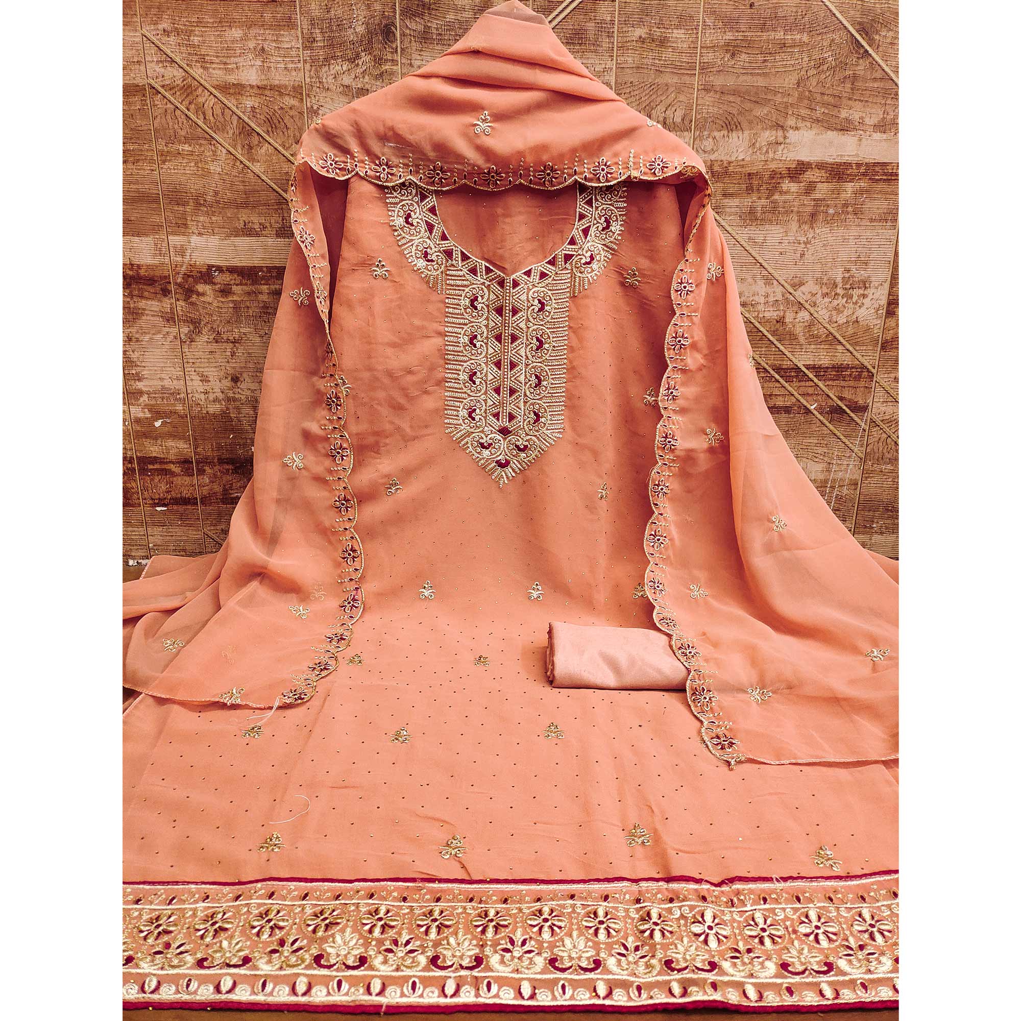 Peach Floral Embroidered With Stonework Georgette Dress Material