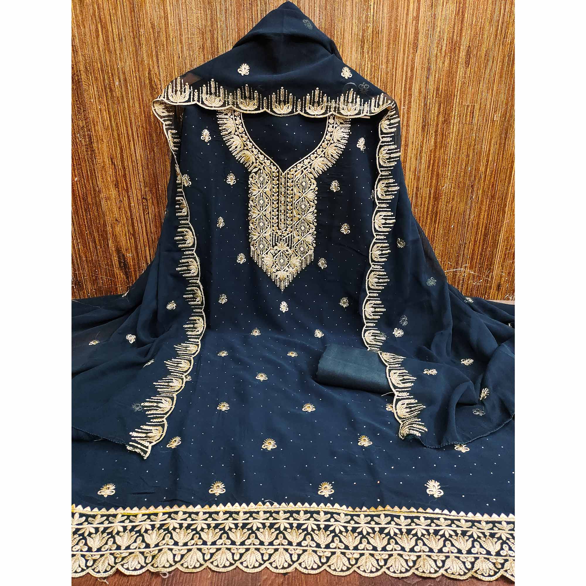 Blue Floral Embroidered With Stonework Georgette Dress Material