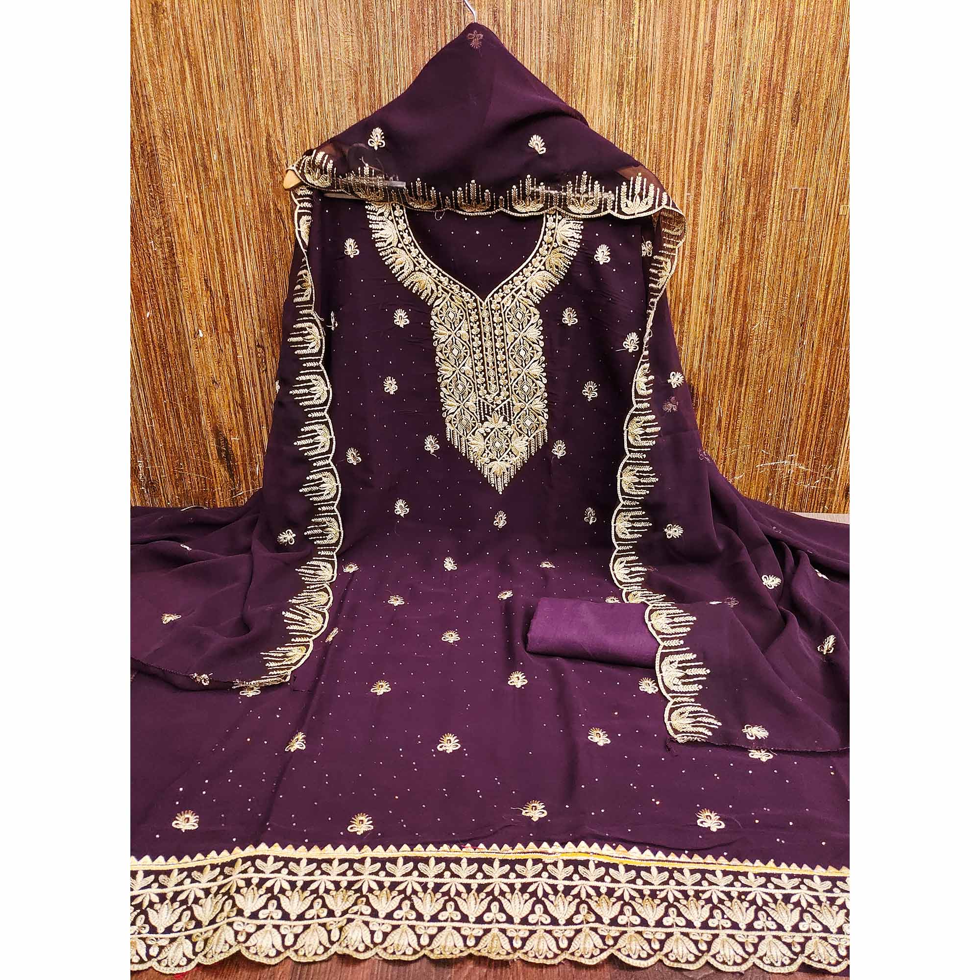 Wine Floral Embroidered With Stonework Georgette Dress Material