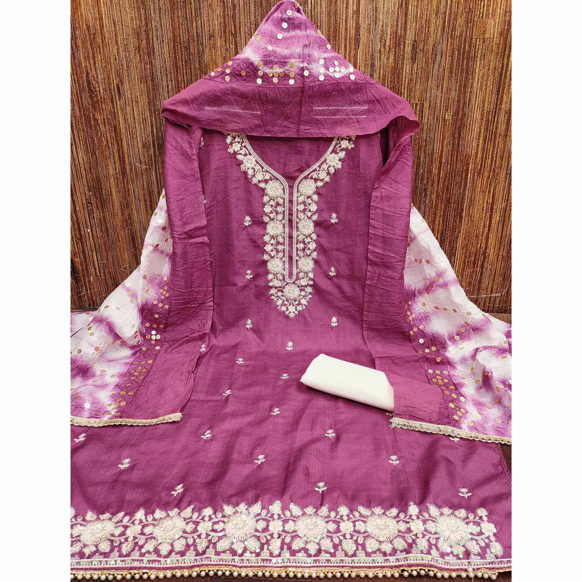 Purple Floral Sequins Embroidered Art Silk Dress Material