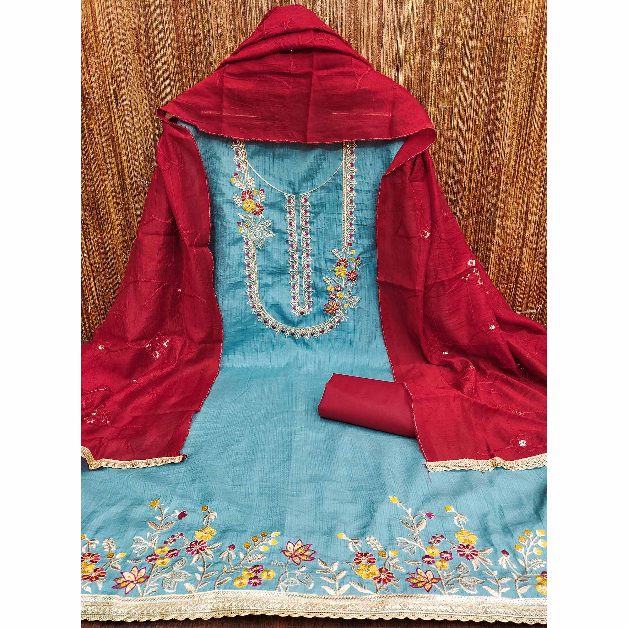 Blue Floral Sequins Embroidered Art Silk Dress Material