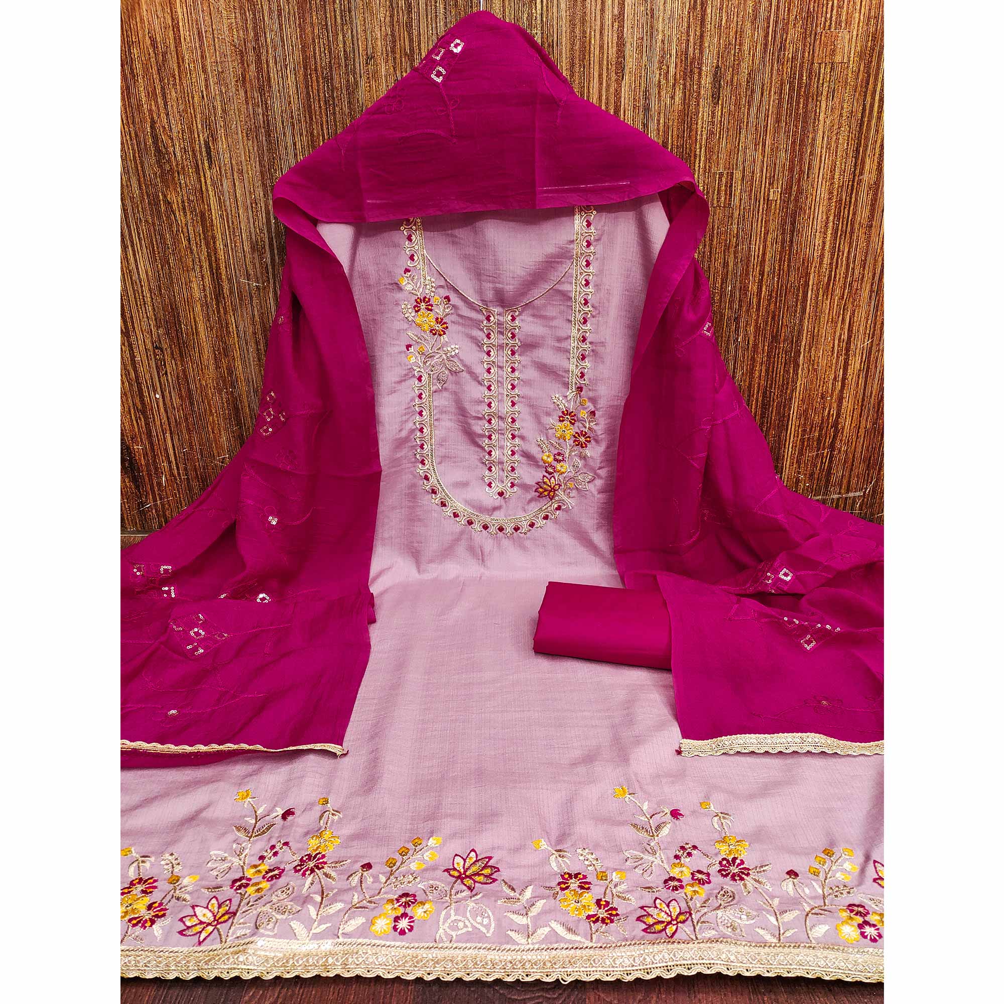 Pink Floral Sequins Embroidered Art Silk Dress Material