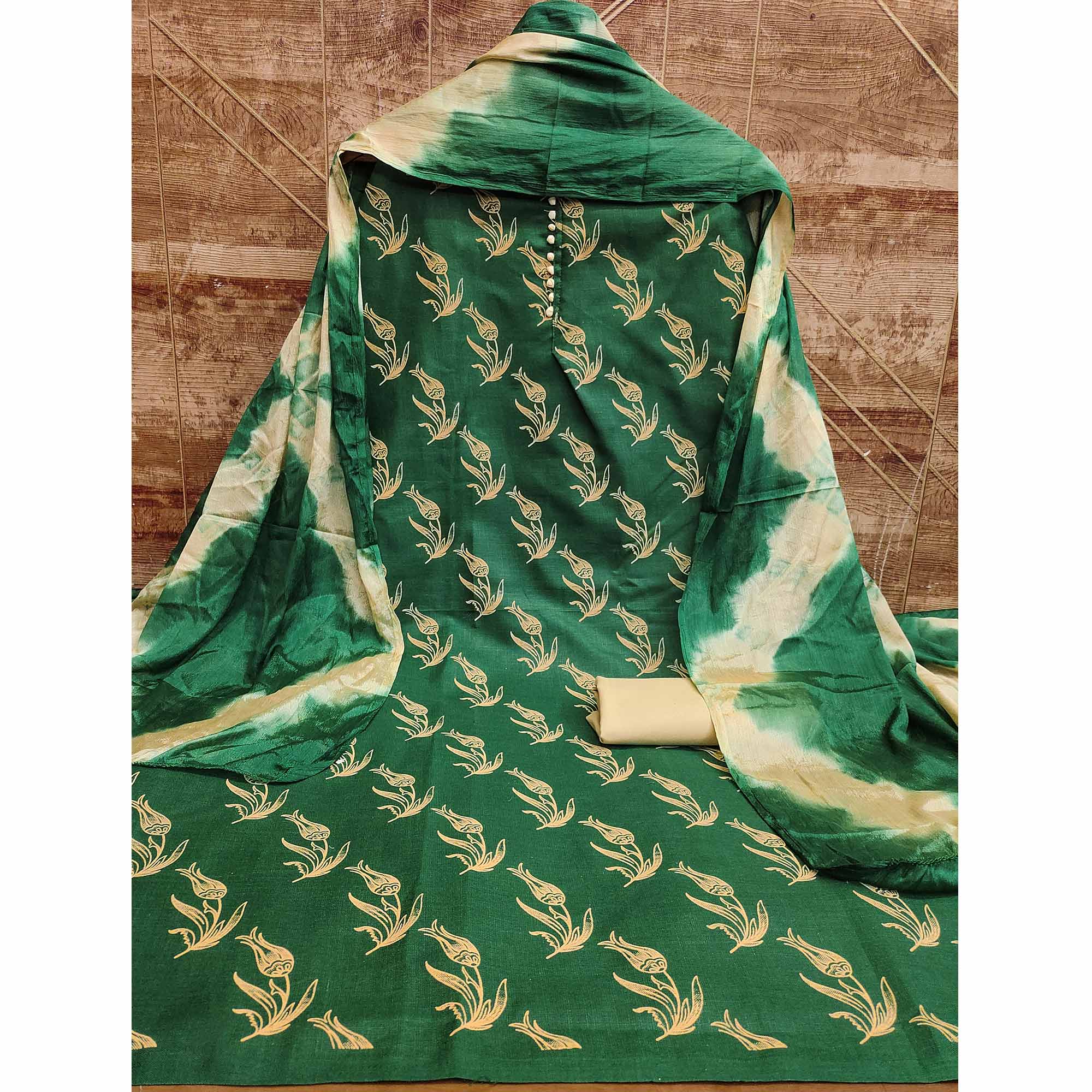 Green Floral Printed Slub Cotton Dress Material