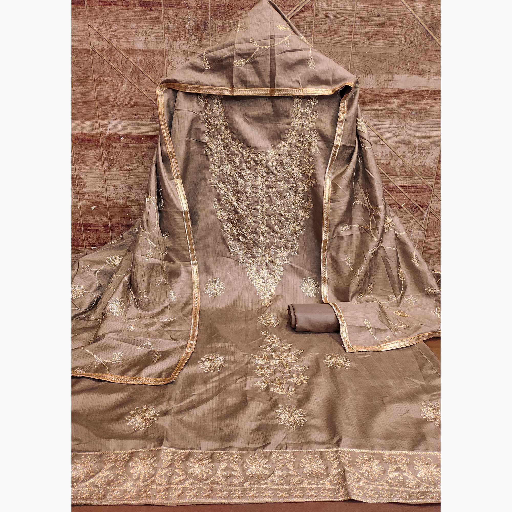 Chikoo Floral Embroidered Art Silk Dress Material