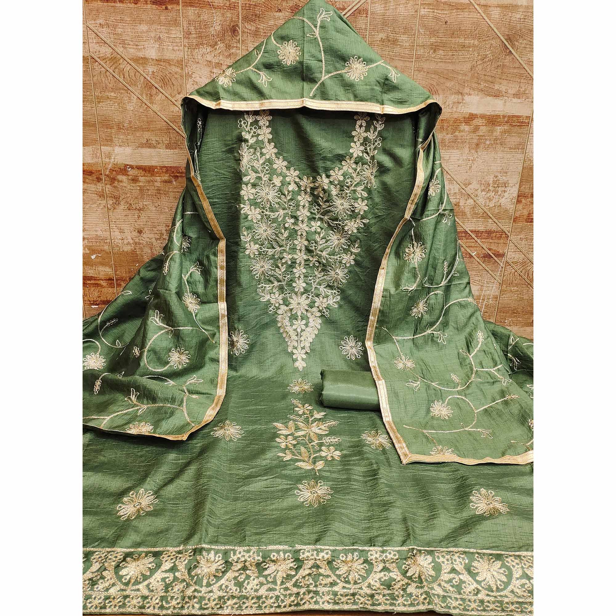 Green Floral Embroidered Art Silk Dress Material