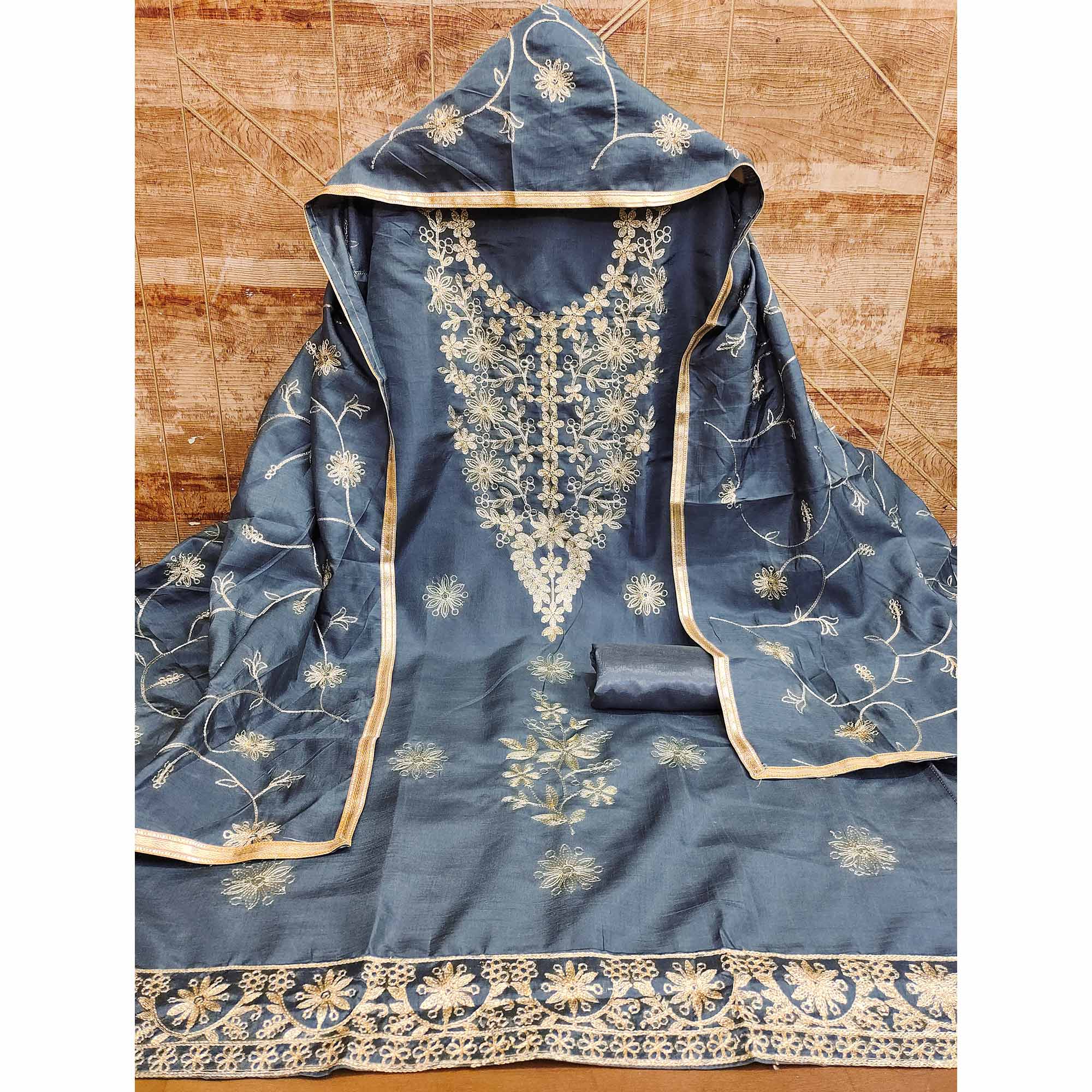 Grey Floral Embroidered Art Silk Dress Material