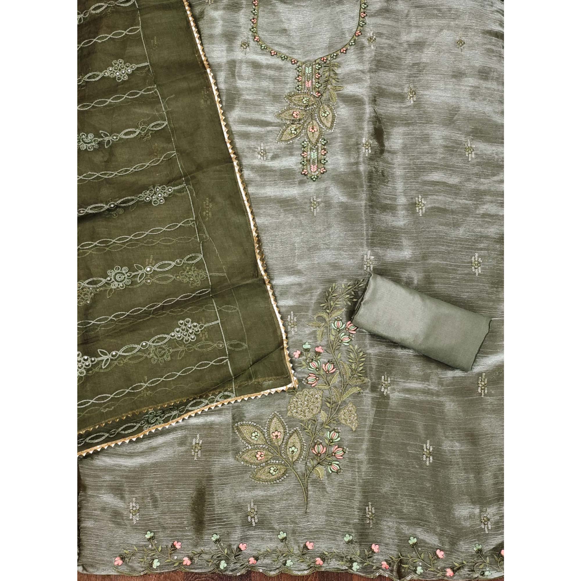 Green Floral Sequins Embroidered Banarasi Silk Dress Material