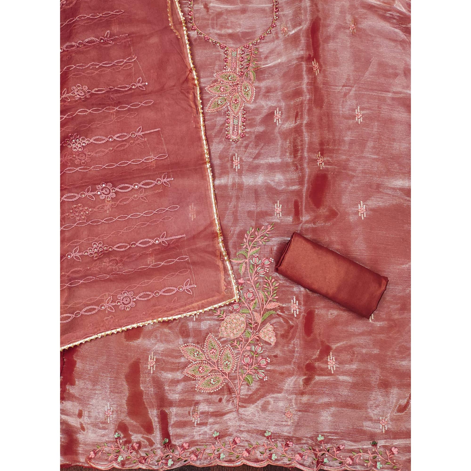 Rust Floral Sequins Embroidered Banarasi Silk Dress Material