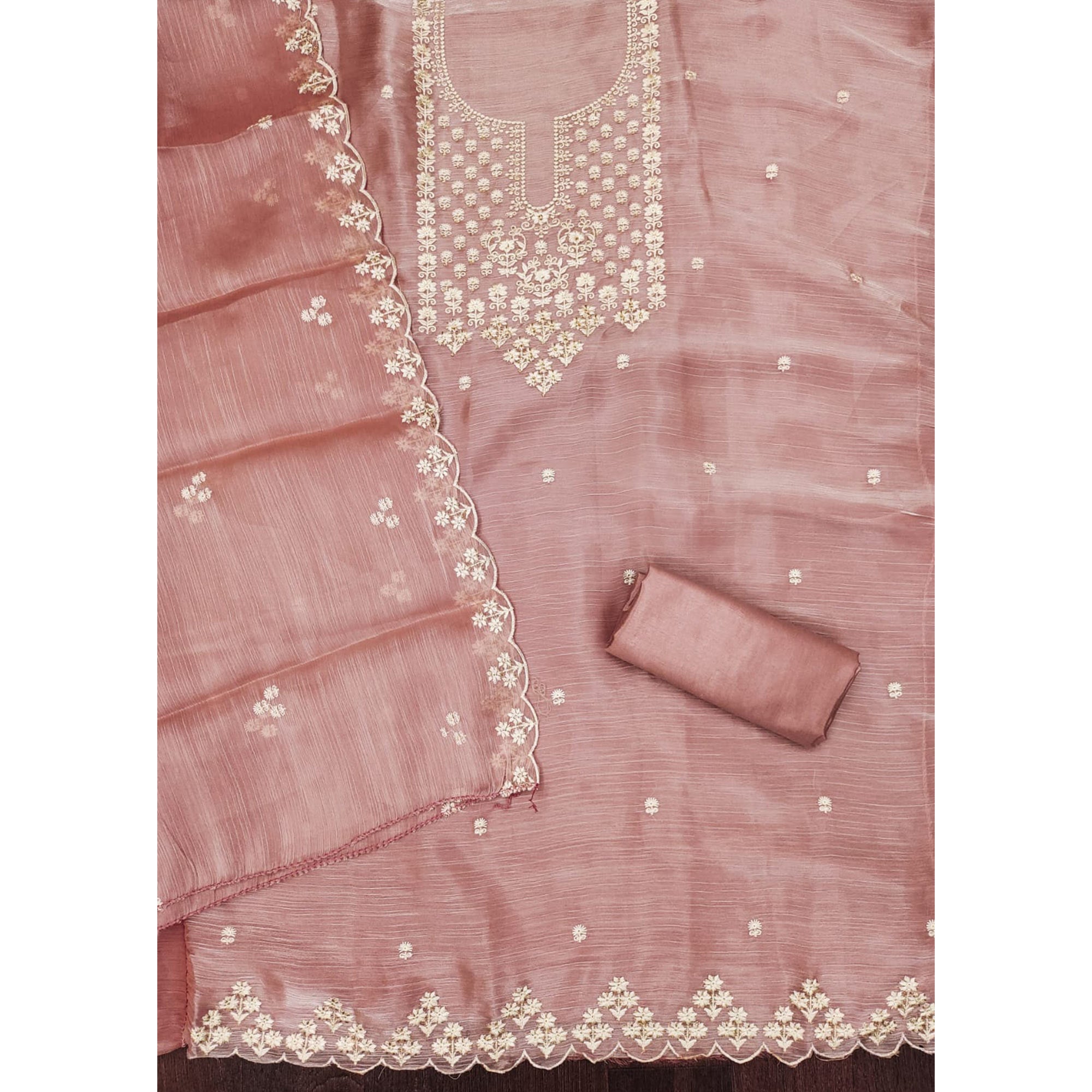 Dusty Rose Pink Floral Embroidered Burberry Zoya Silk Dress Material