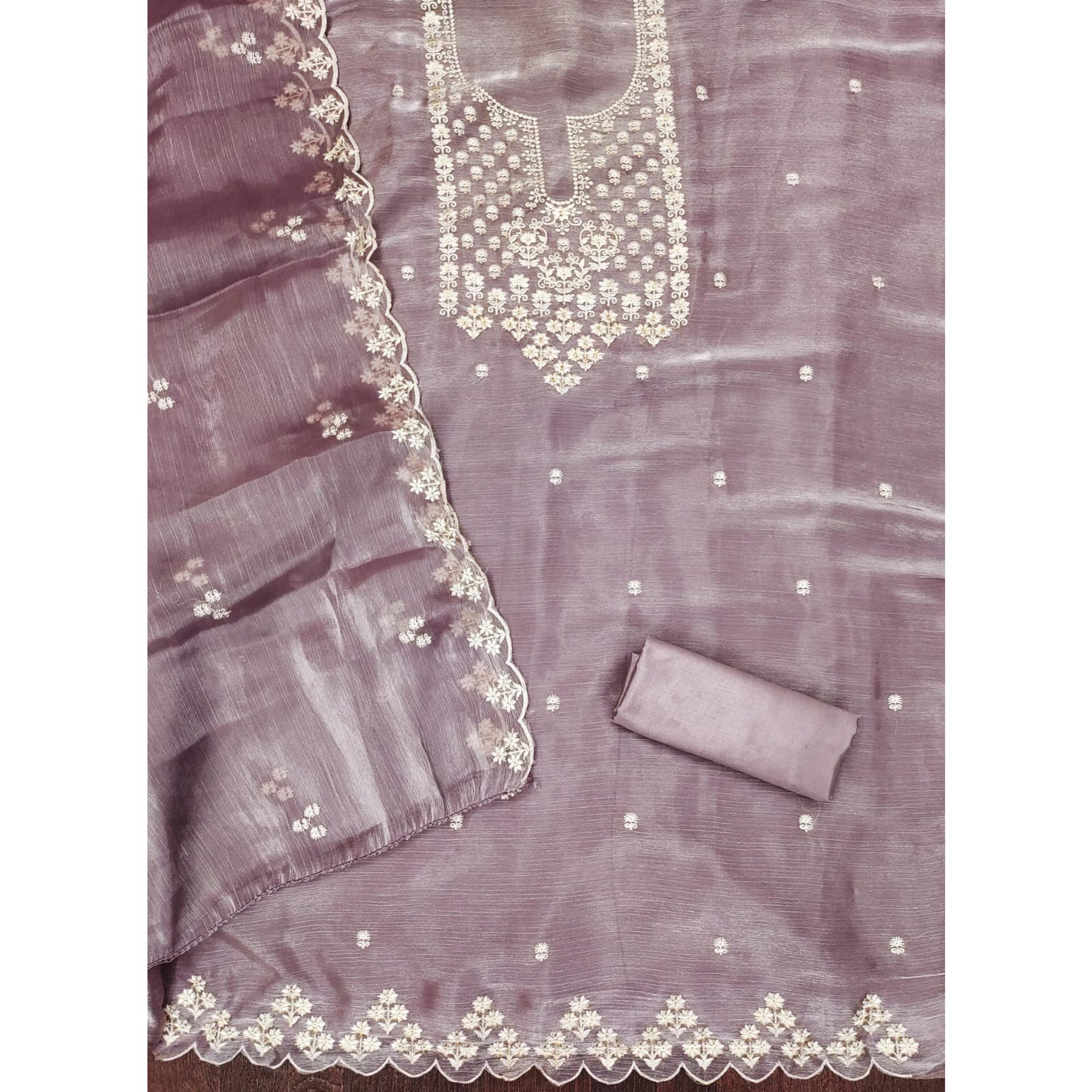 Purple Floral Embroidered Burberry Zoya Silk Dress Material