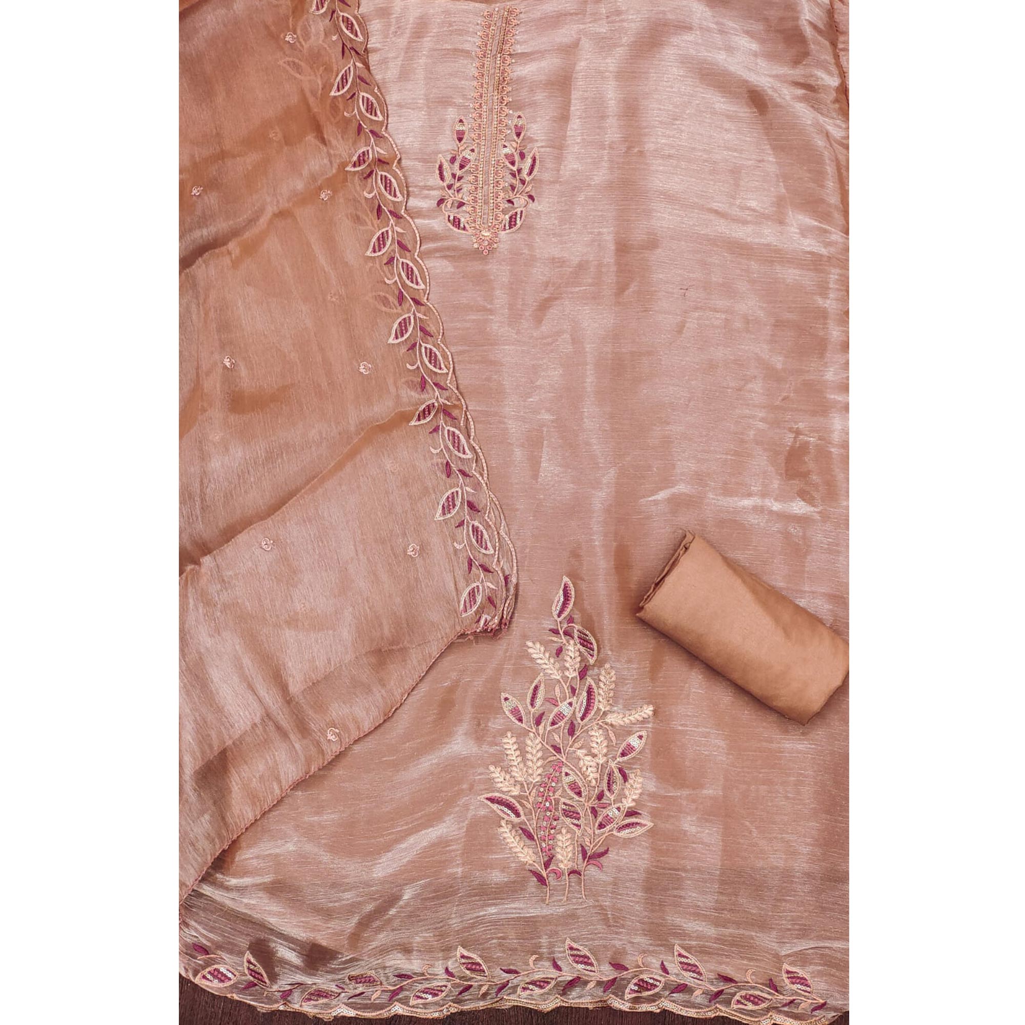 Dusty Peach Floral Sequins Embroidered Burberry Zoya Silk Dress Material
