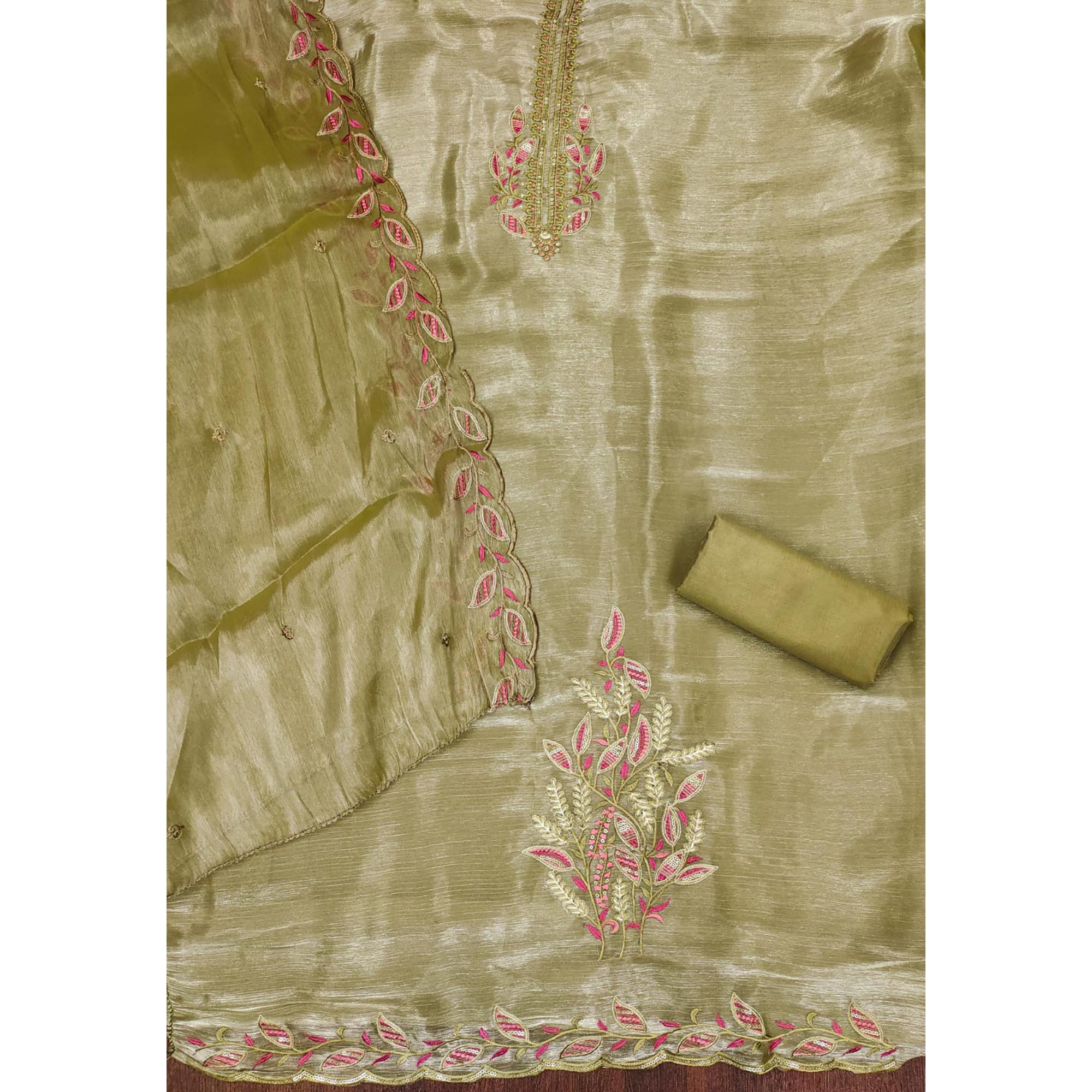 Green Floral Sequins Embroidered Burberry Zoya Silk Dress Material