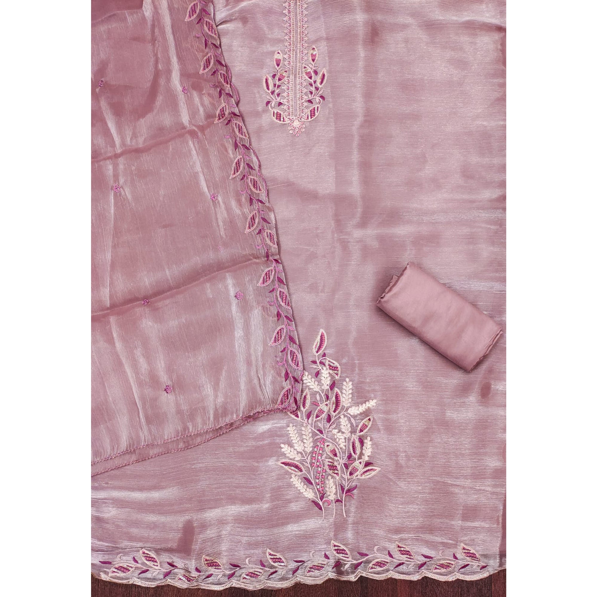Onion Pink Floral Sequins Embroidered Burberry Zoya Silk Dress Material