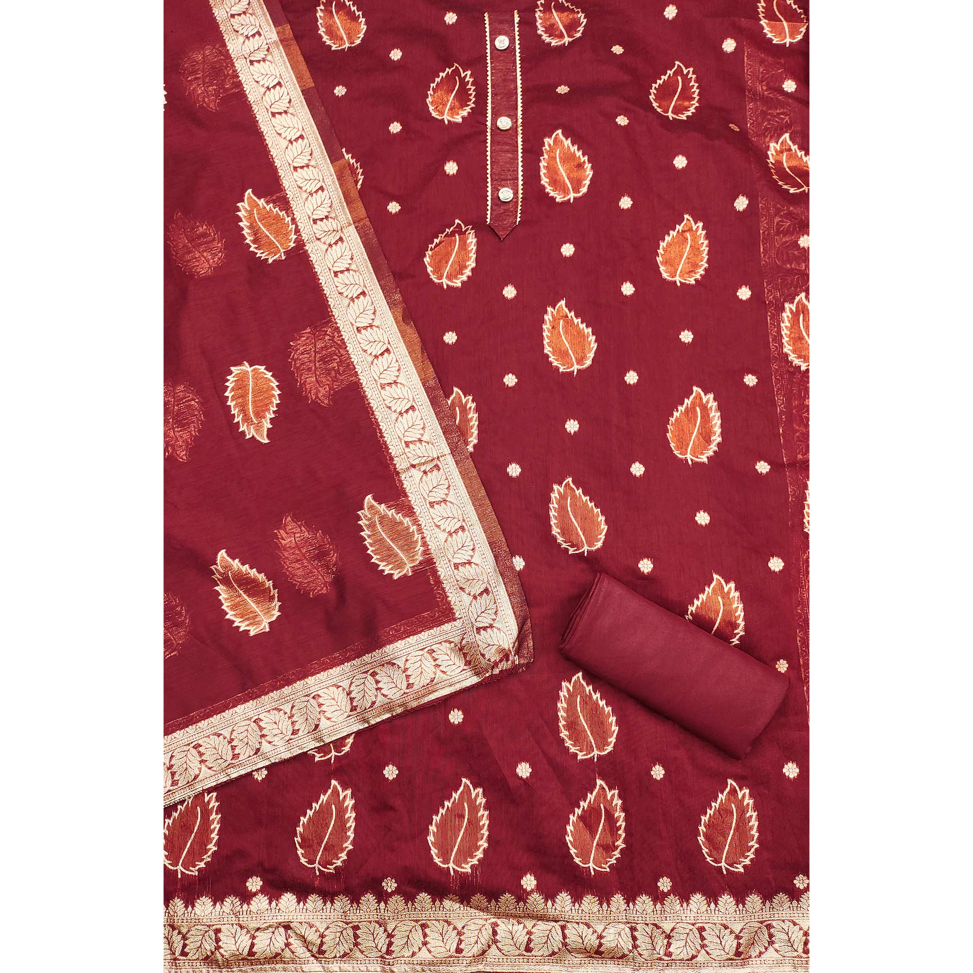 Maroon Floral Woven Shimmer Jacquard Dress Material