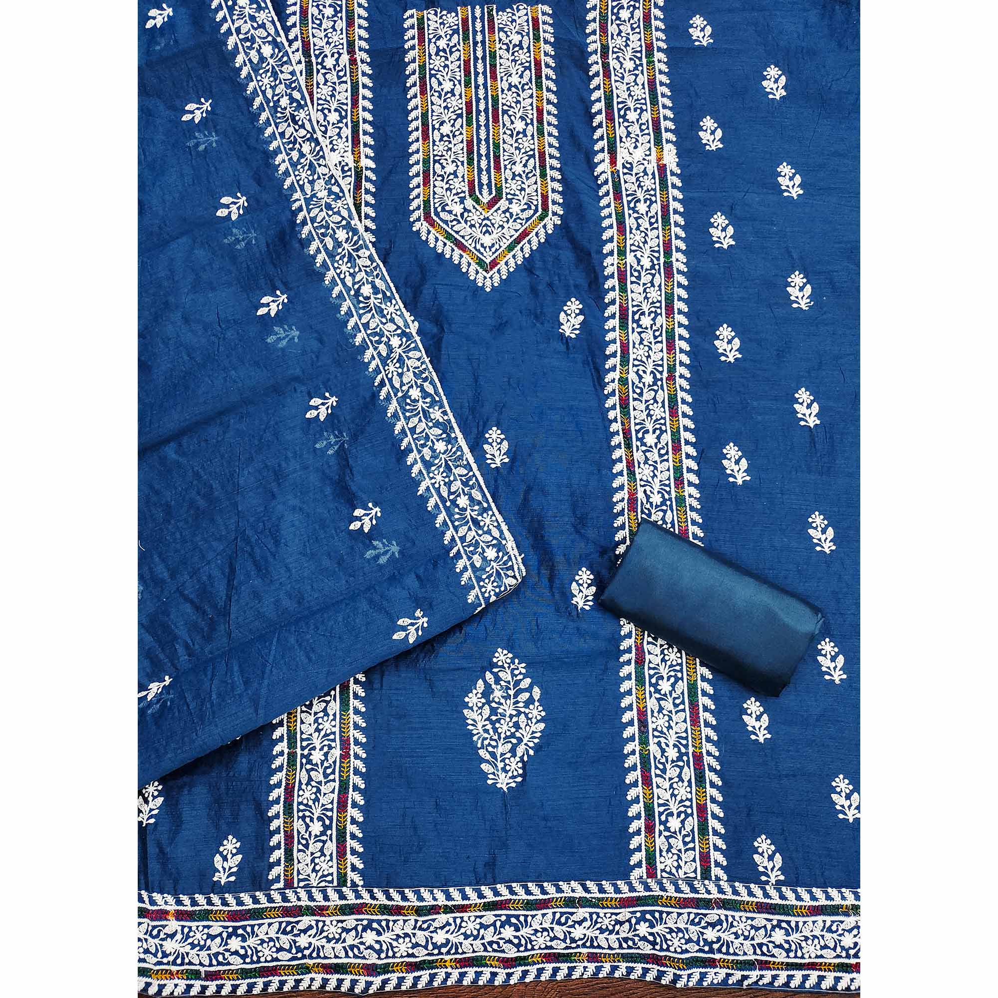 Blue Floral Embroidered Modal Chanderi Silk Dress Material