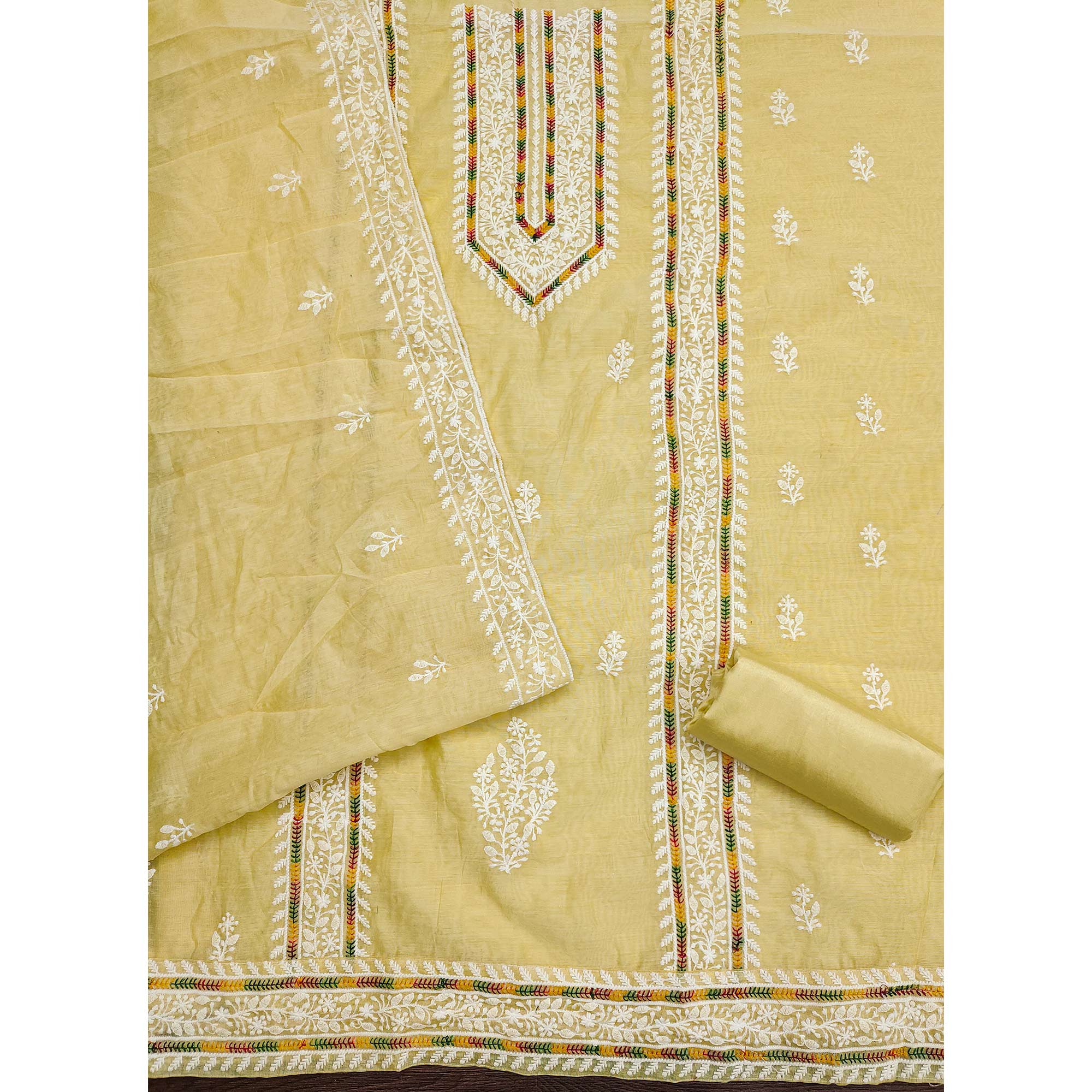 Light Yellow Floral Embroidered Modal Chanderi Silk Dress Material